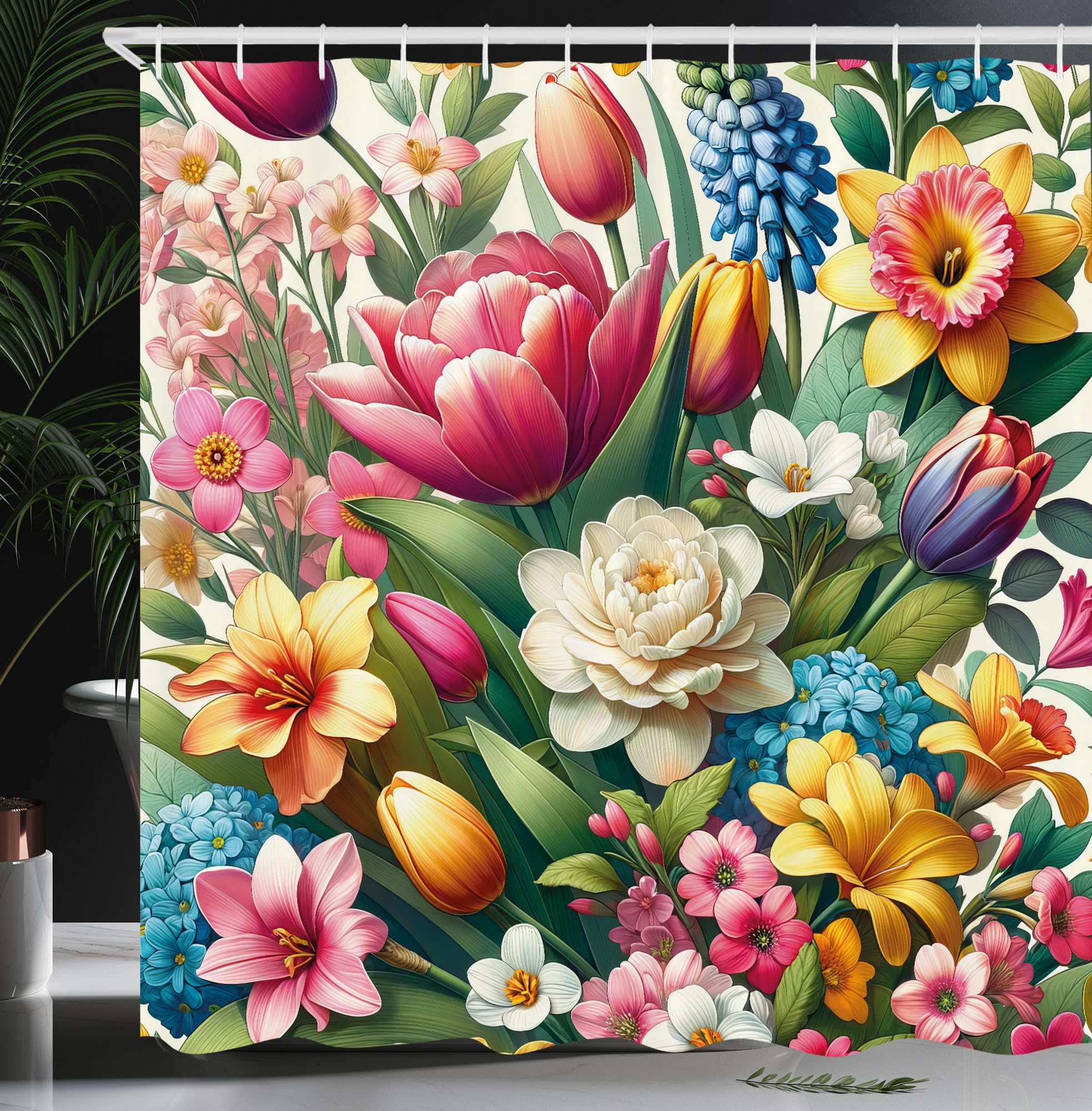 Ambesonne Spring Shower Curtain, Color Jumble Illustration Of Garden Flowers With Leaves Dreamy Aura, Cloth Fabric Bathroom Deco