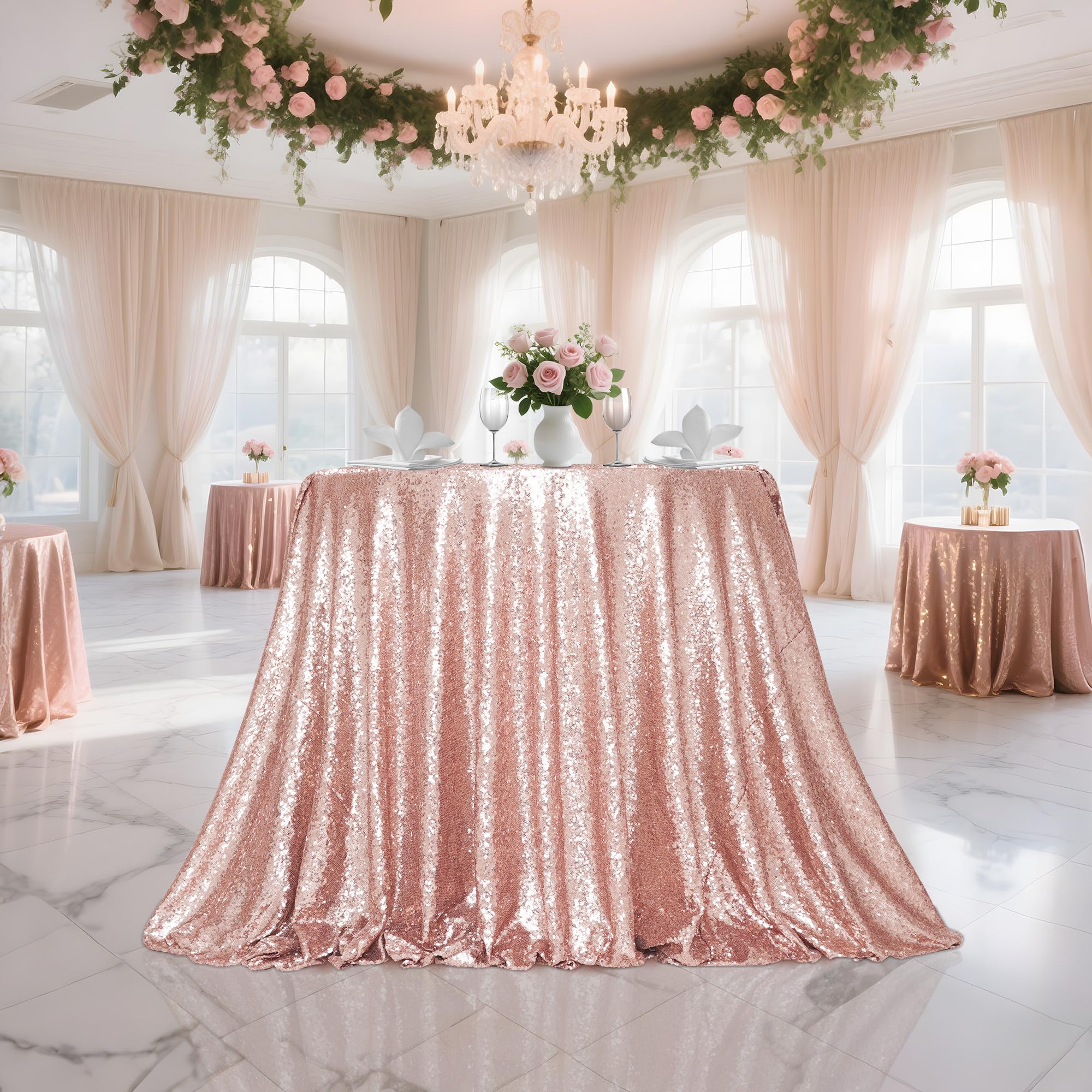 PartyDelight Sequin Tablecloth Rose Gold Round 70 for Wedding Party Birthday Bridal Baby Shower and Other Events Decorations