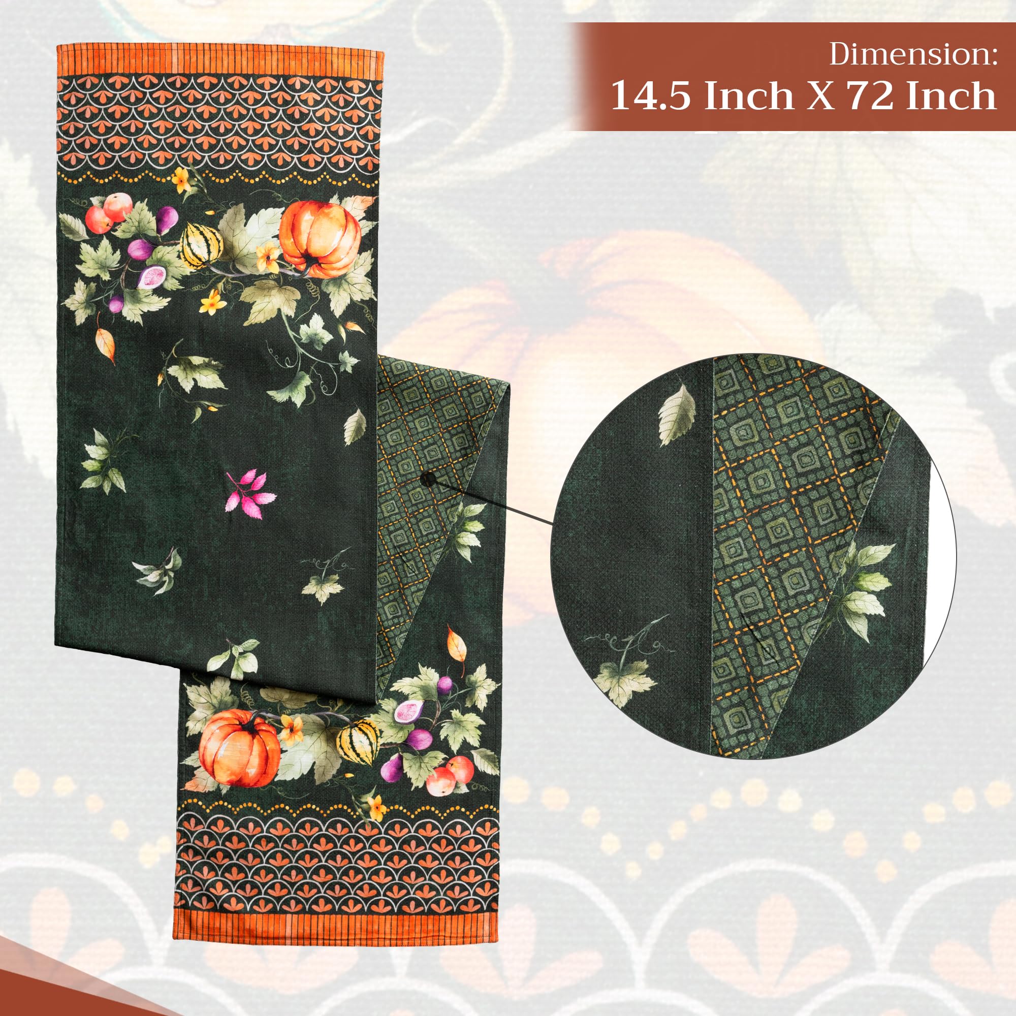 Maison d' Hermine Tablerunners 100% Cotton Decorative Tablerunner Table Cover for Gifts  Holiday  Dinner  Pumpkin Garden - Dark Green (Double Layer) - Thanksgiving/Christmas (14.50''x72'')
