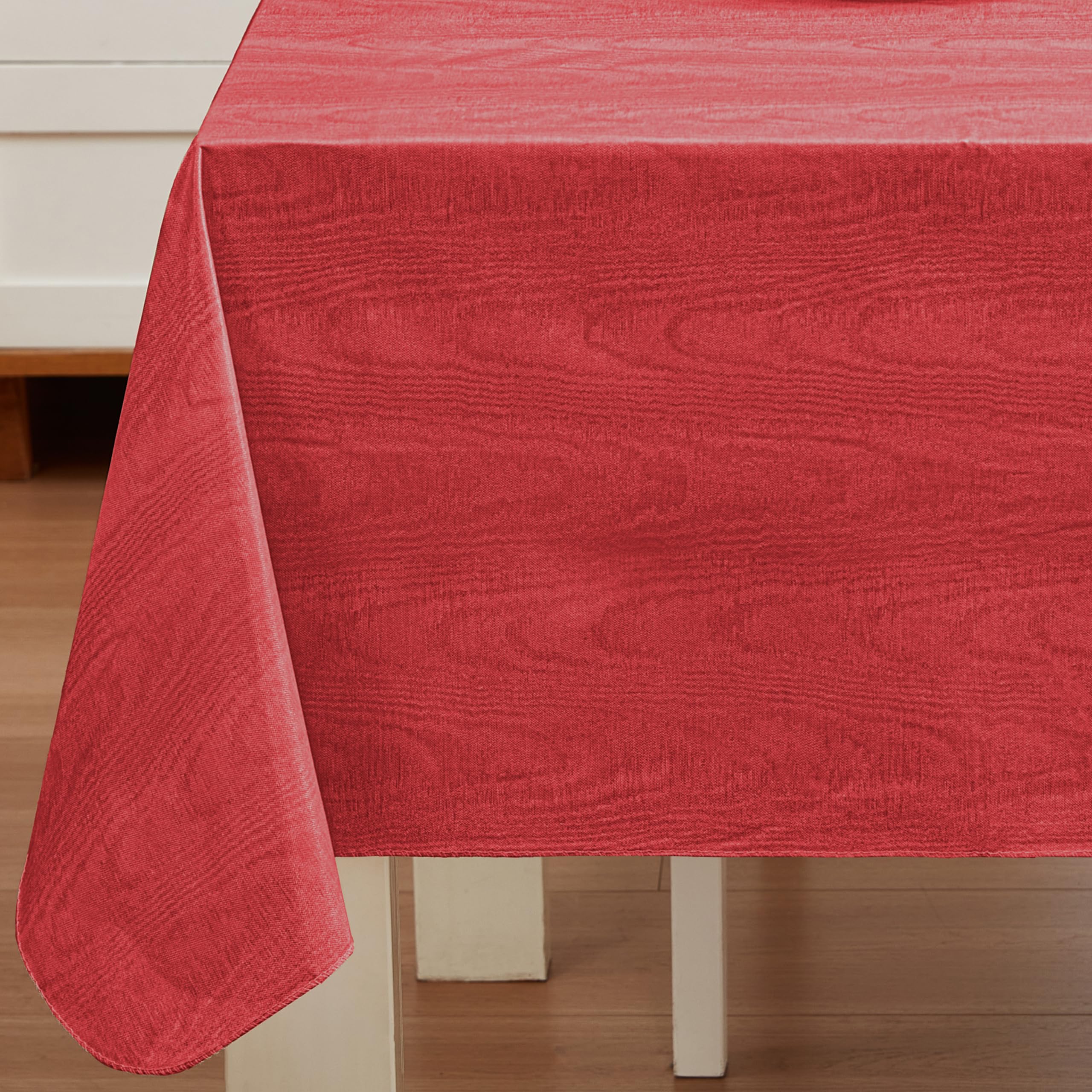 Newbridge Red Moire Wavy Solid Color Print Heavy Weight Vinyl Flannel Backed Tablecloth, Indoor/Outdoor Vinyl Tablecloth With Fl