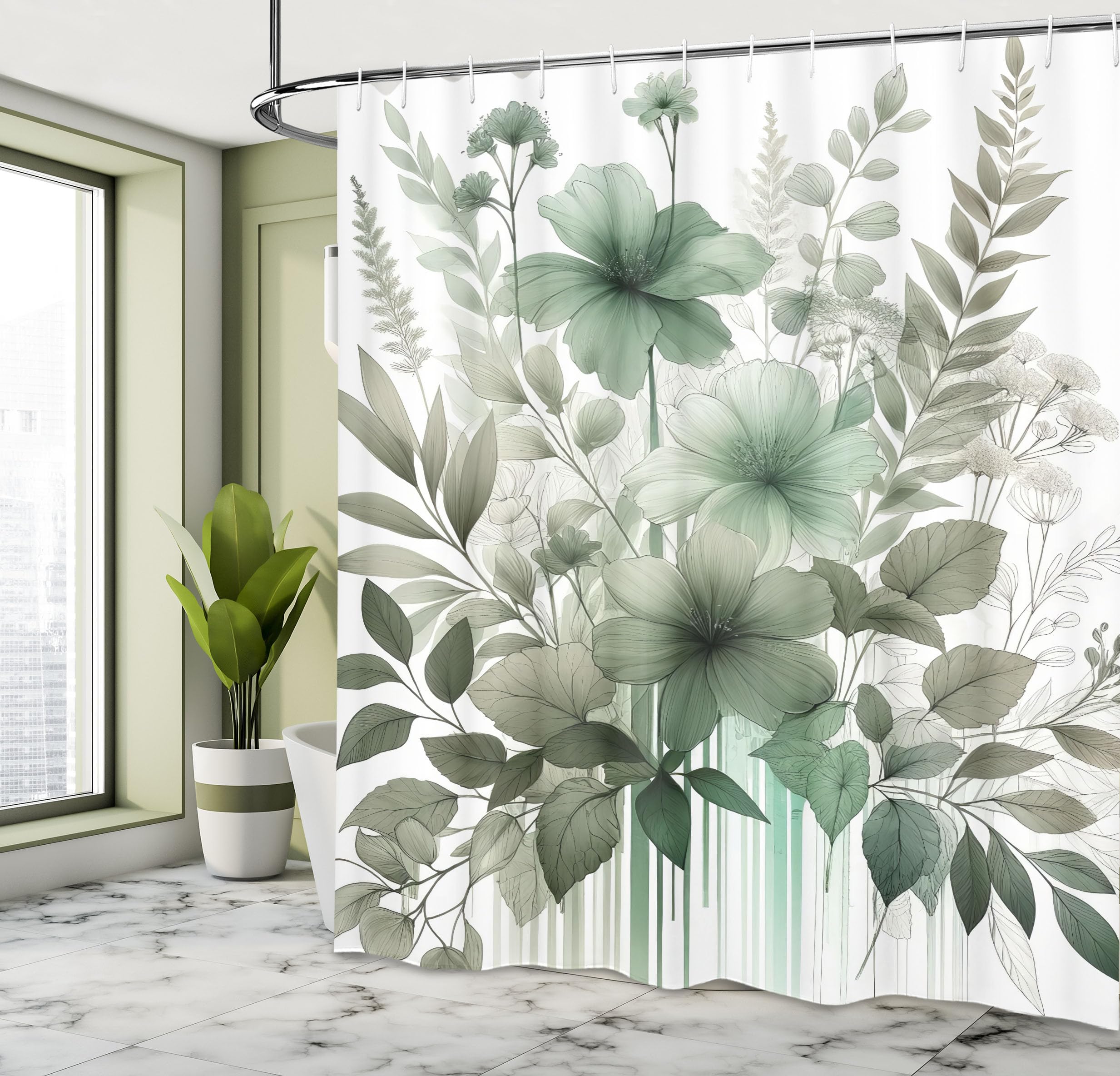 Ambesonne Sage Green Shower Curtain, Nostalgia Tones Delicate Petal Flowers Jumble And Leaves With Stripes, Cloth Fabric Bathroo