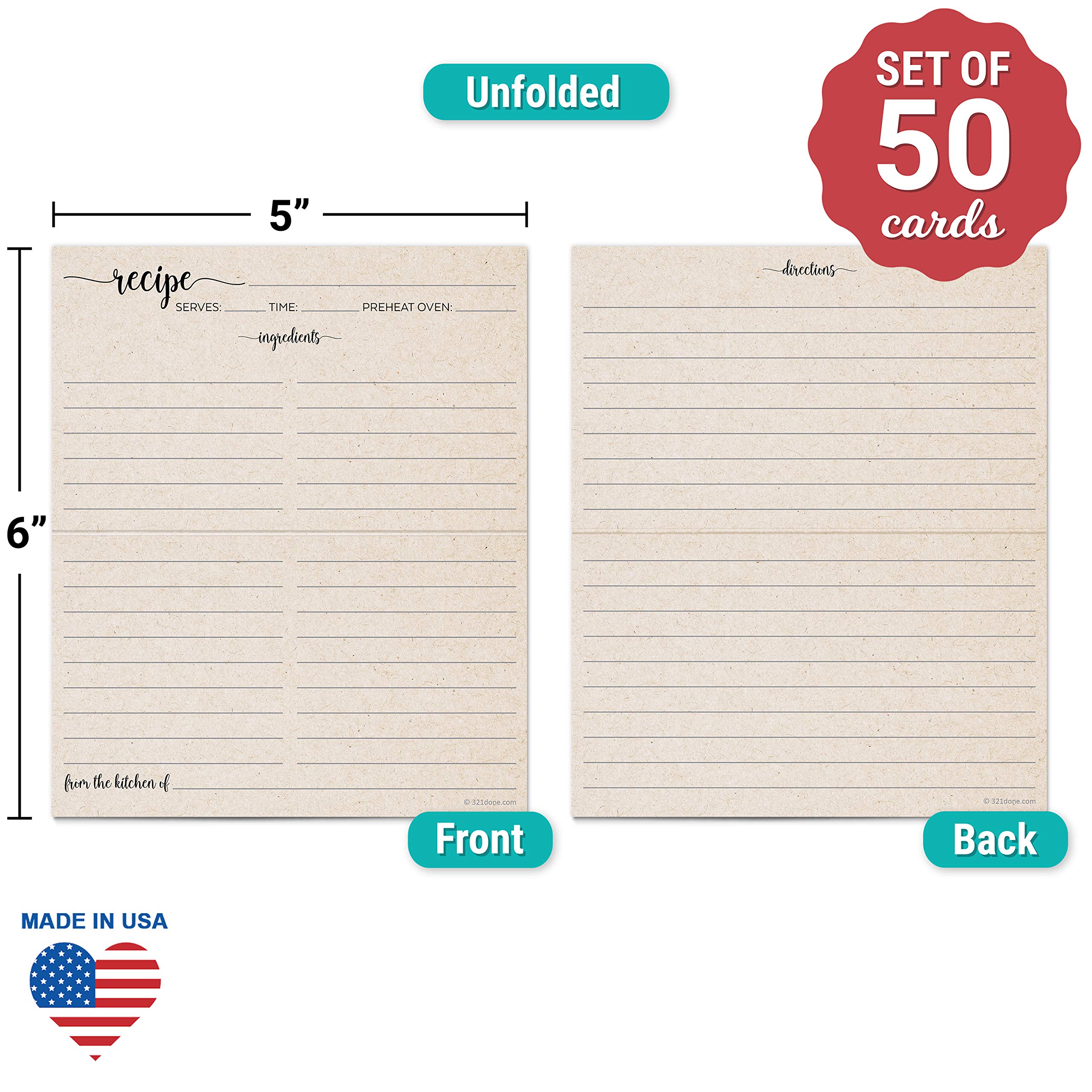 321Done Folding Recipe Cards (Set Of 50) Rustic Kraft Tan, From The Kitchen Of - Folds To 3X5 From 6X5 - Retro Vintage Minimalis