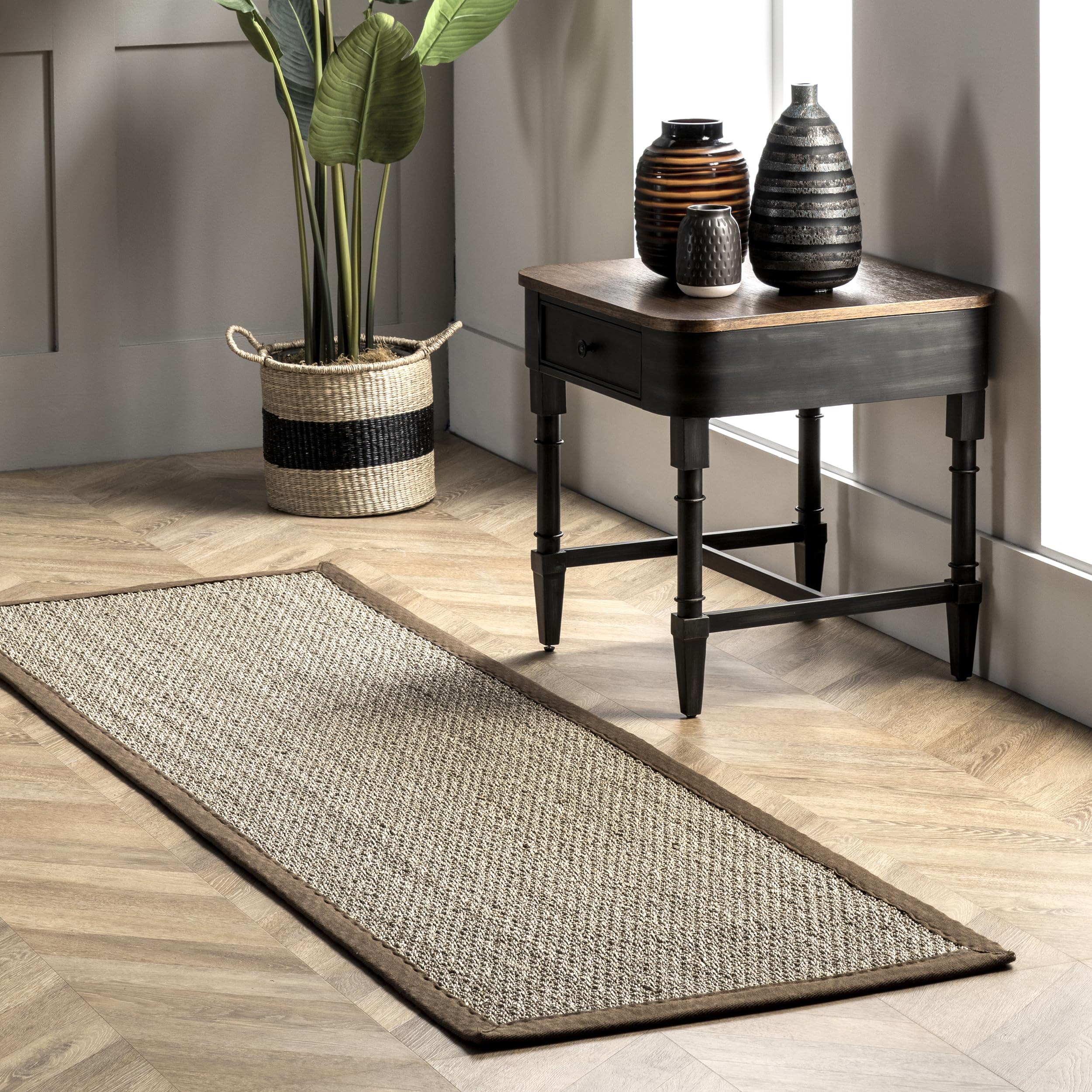 nuLOOM 2x6 Elijah Seagrass Area Rug, Brown, Solid Farmhouse Style, Cotton Bordered, Basketweave, Natural Fiber, For Bedroom, Din