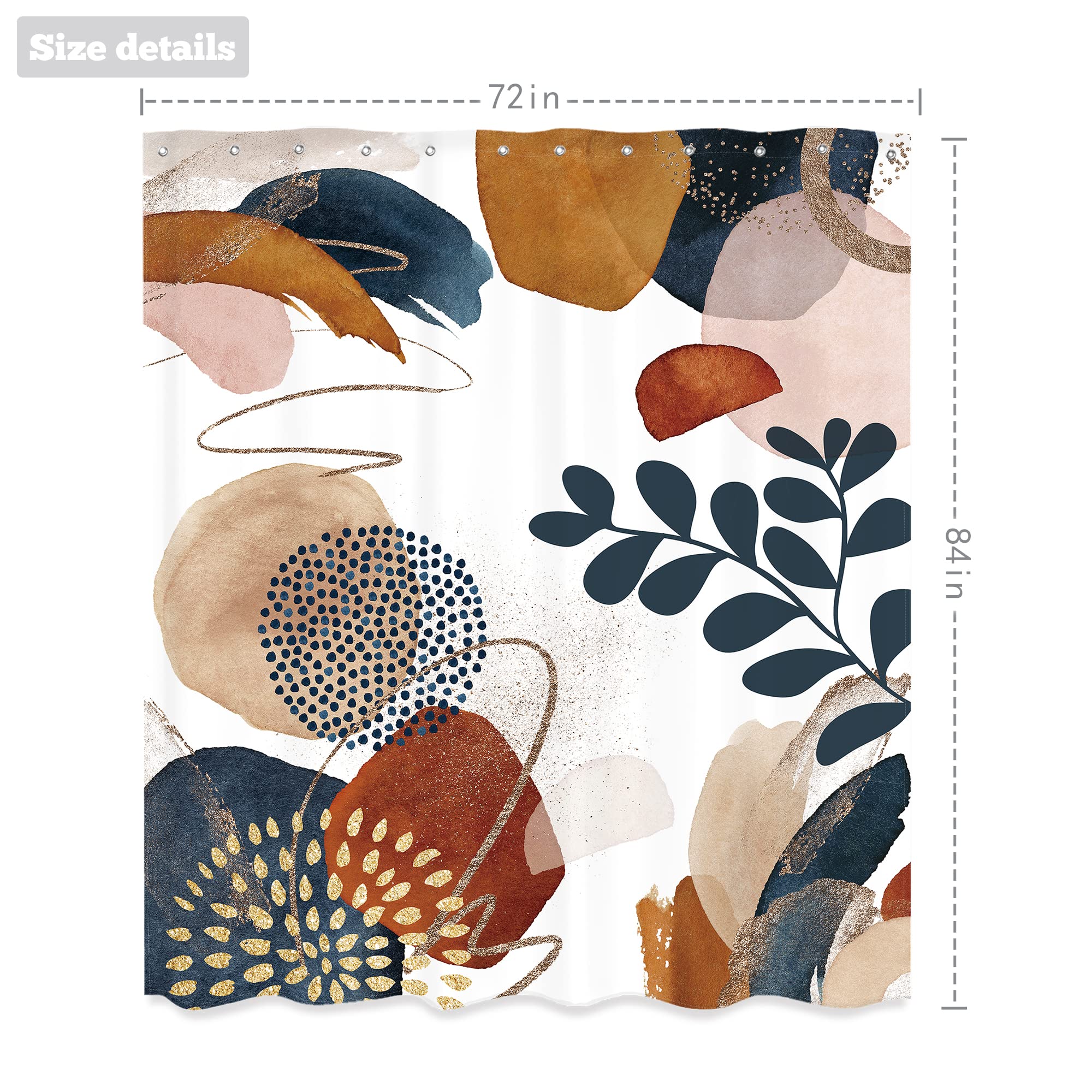 LIGHTINHOME Abstract Boho Mid Century Shower Curtain 72Wx84H Inches Navy Blue Gold Colorful Modern Geometric Leaves Plant Neutral Minimalist Cloth Fabric Polyester Bathroom Home Decor Set with Hooks