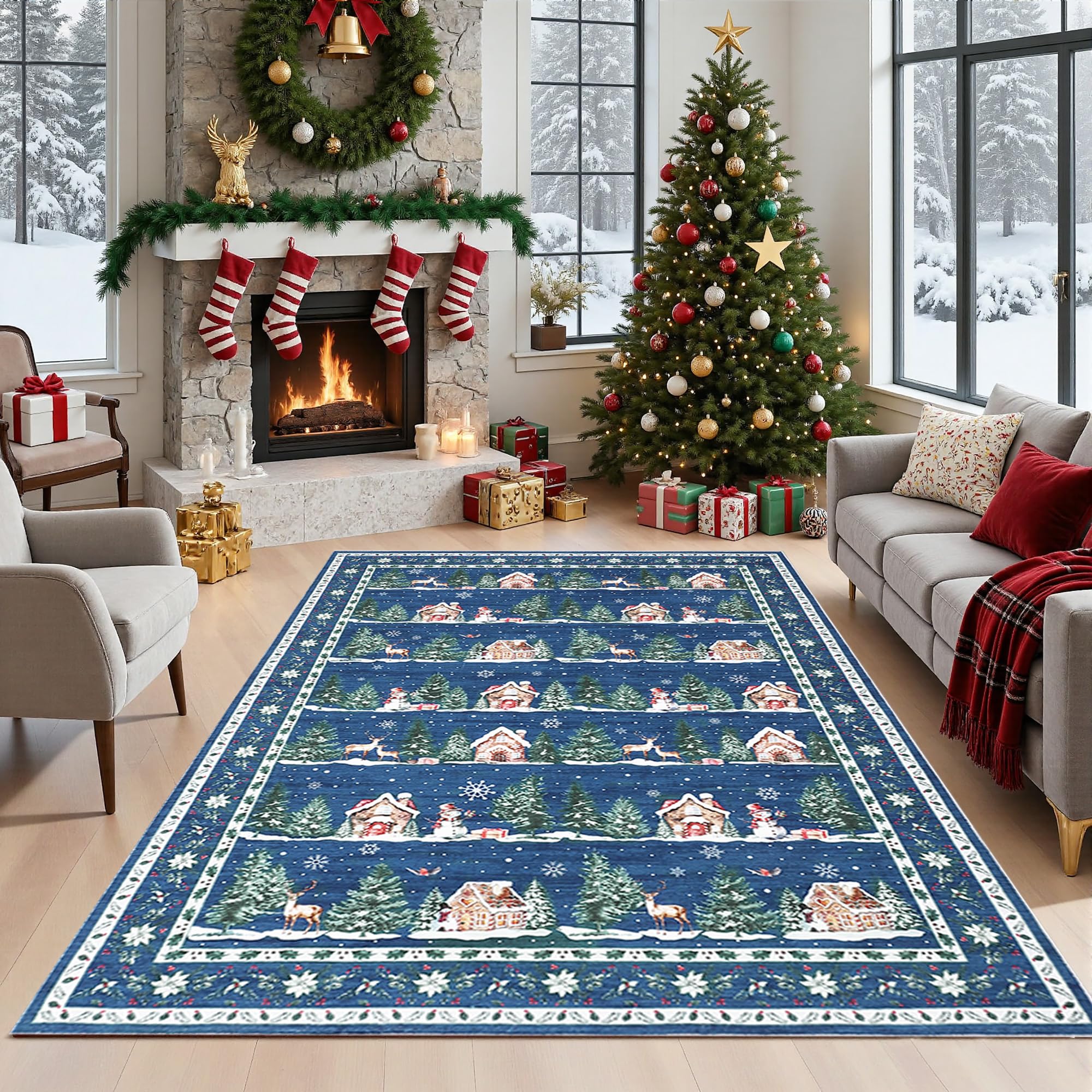 GarveeHome 4x6 Christmas Rugs for Living Room Machine Washable Holiday Decor Christmas Tree Animals Print Non-Slip Backing Low P