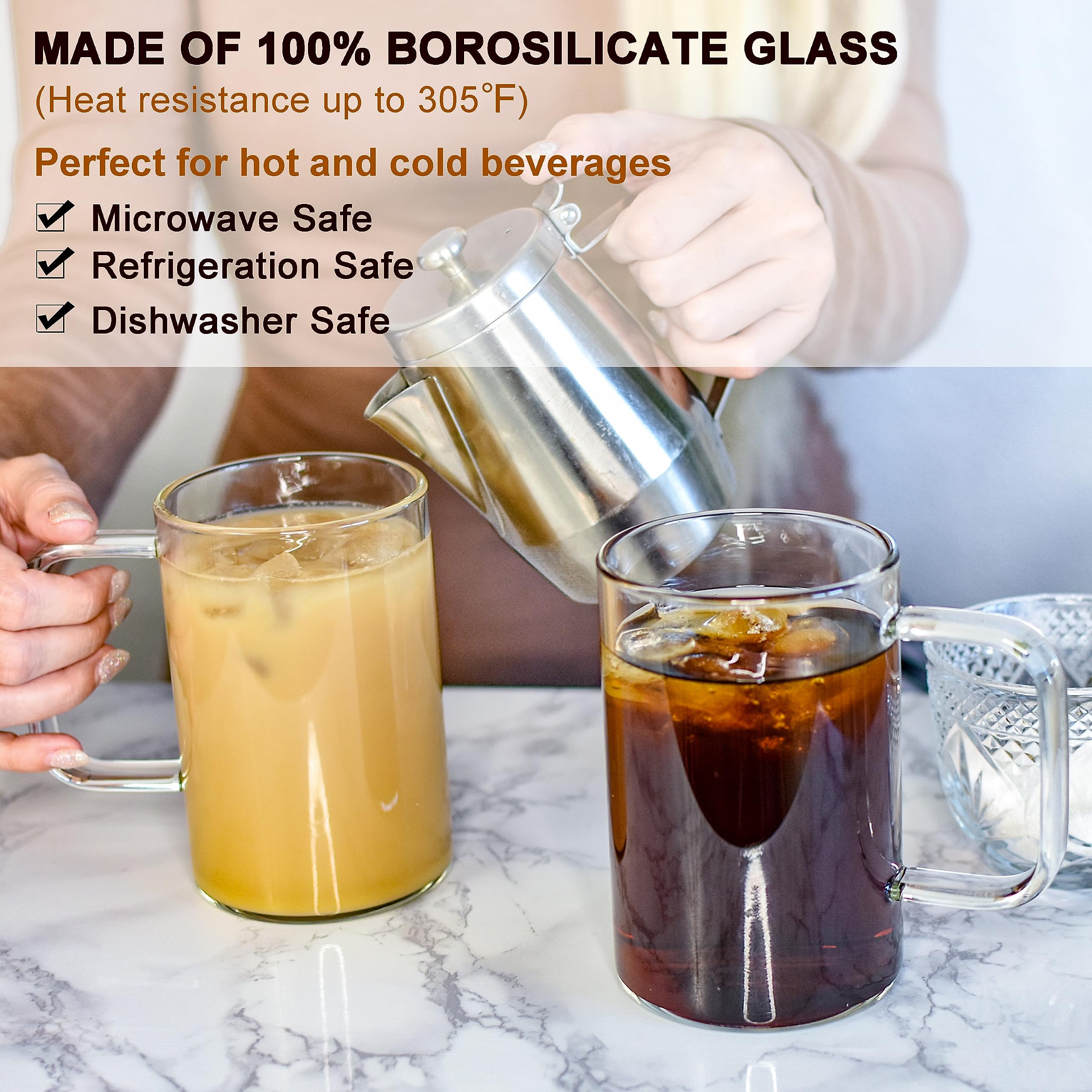 Aquach 4Pcs 18 Oz Clear Glass Coffee Mugs With Handle - Large Cups For Coffee, Tea, Latte, Cappuccino