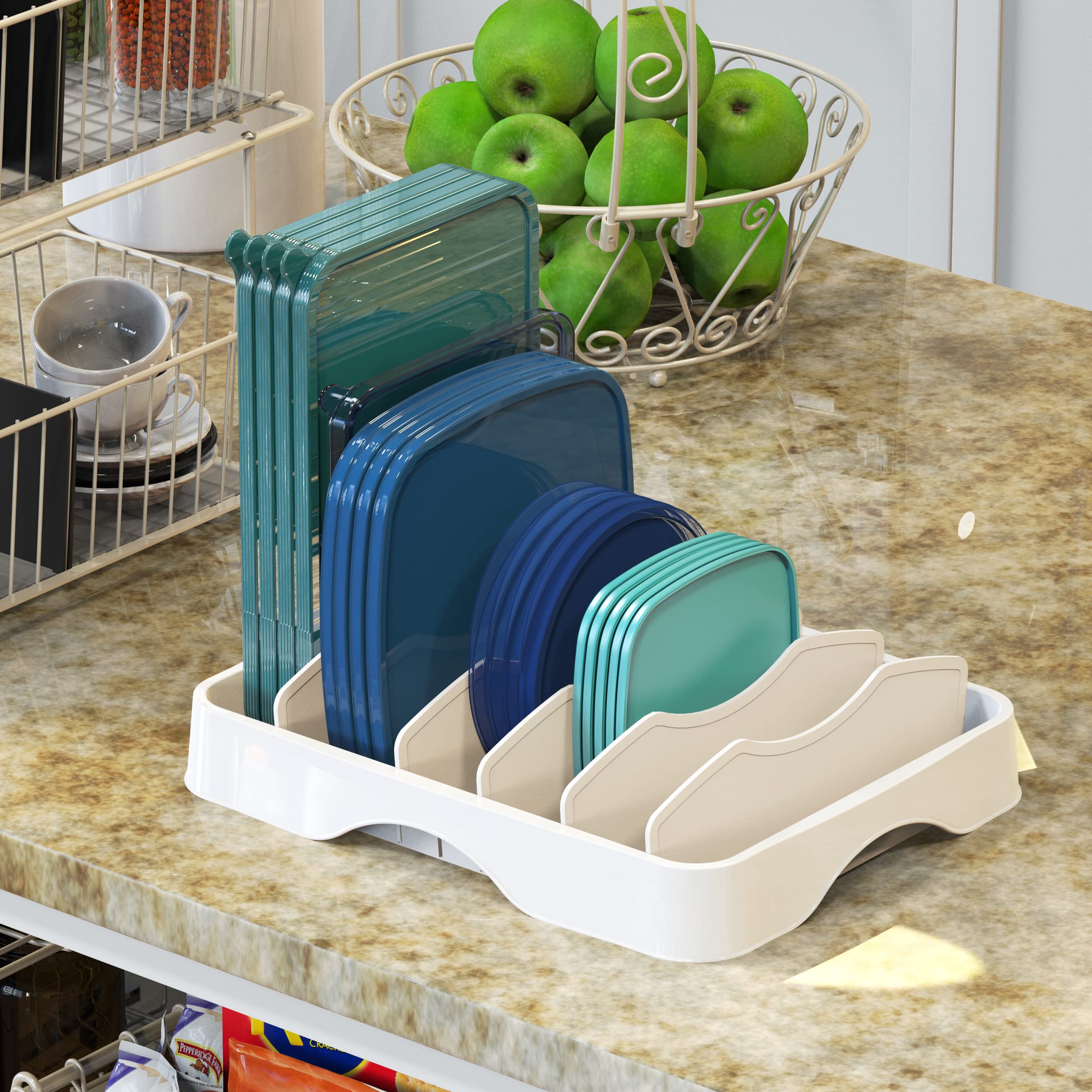 Simple Houseware Food Container Lids Storage Organizer With Adjustable Dividers, 13''X10'', White