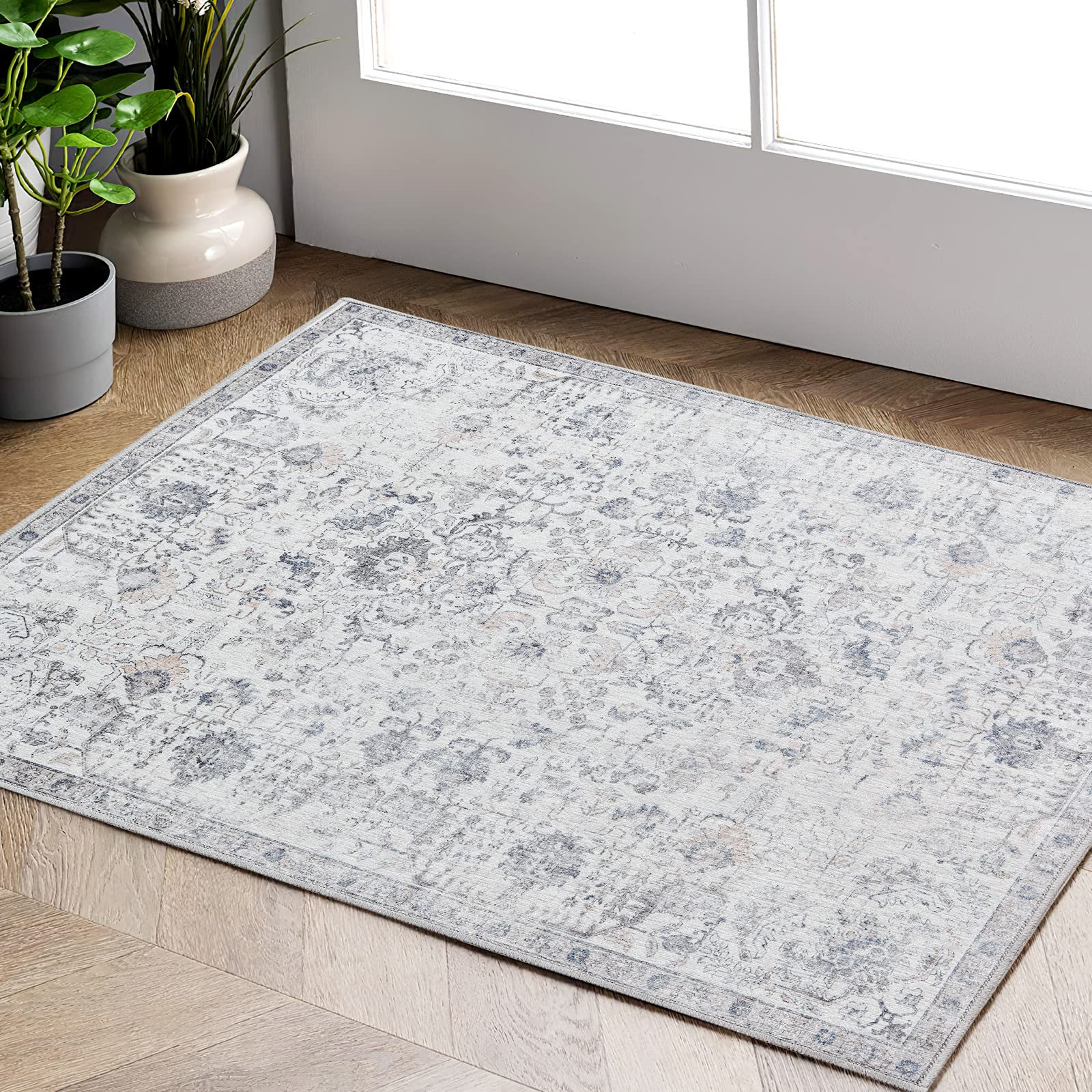 jinchan Area Rug 2x3 Washable Rug Entryway Rug Door Mat Vintage Indoor Entrance Thin Rug Retro Distressed Carpet Grey Floral Gra