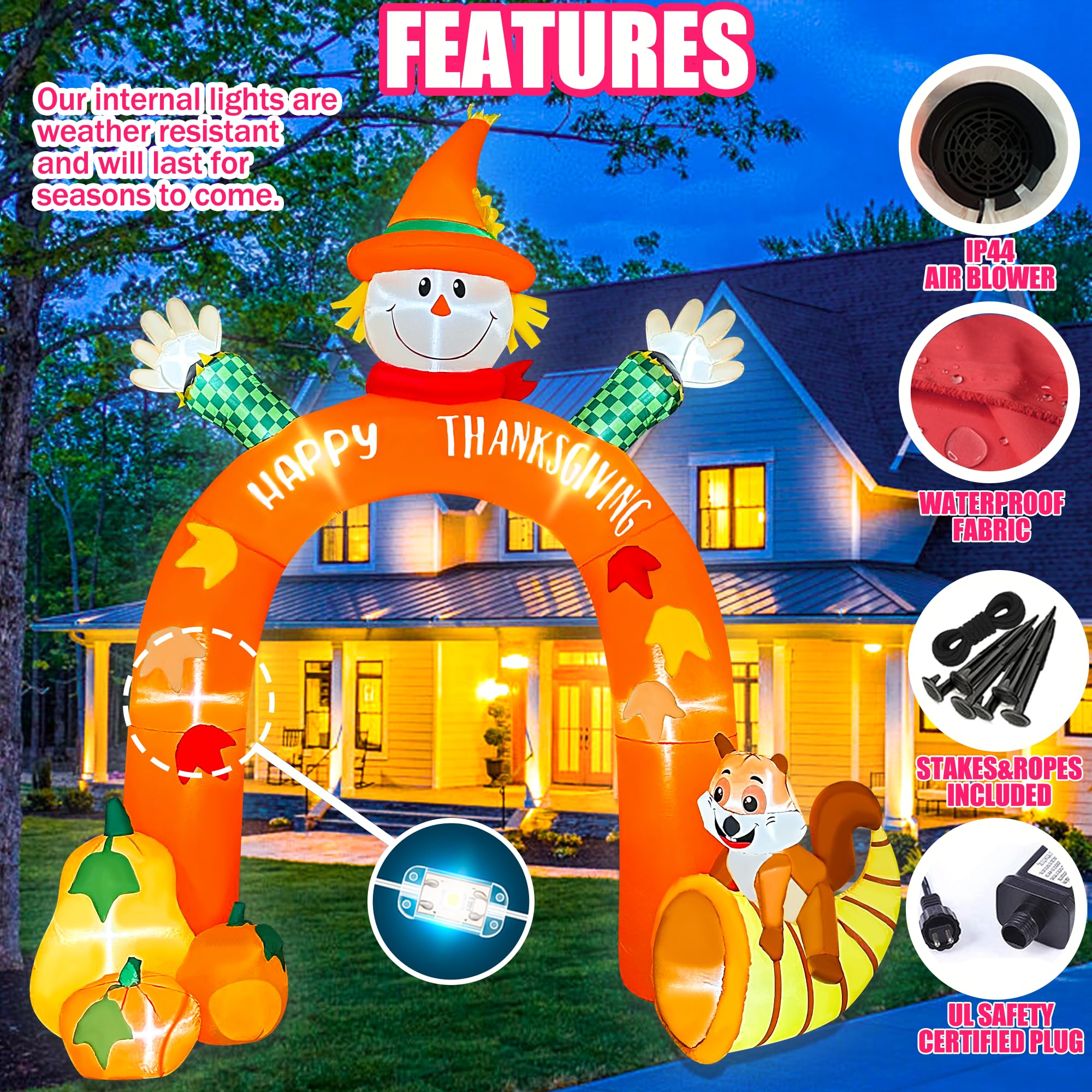 BLOWOUT FUN Thanksgiving Inflatables,10 FT Giant Inflatable Scarecrow Arch with Squirrel Pumpkins Built-in LEDs Thanksgiving Blo