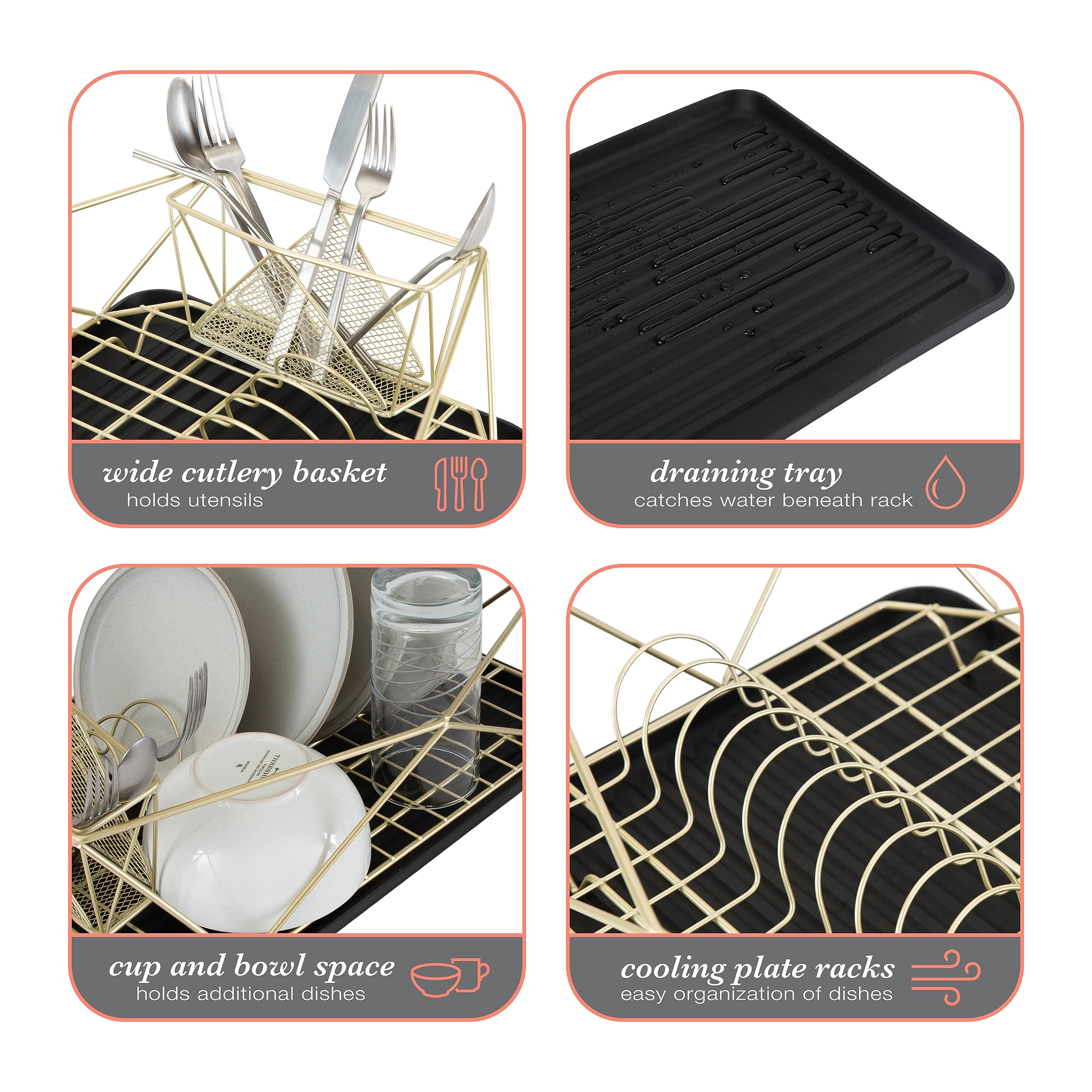 Kitchen Details Geode Deluxe Dish Drying Rack With Drain Board | Cutlery Basket | Utensil Holder | Iron Frame | Satin Gold