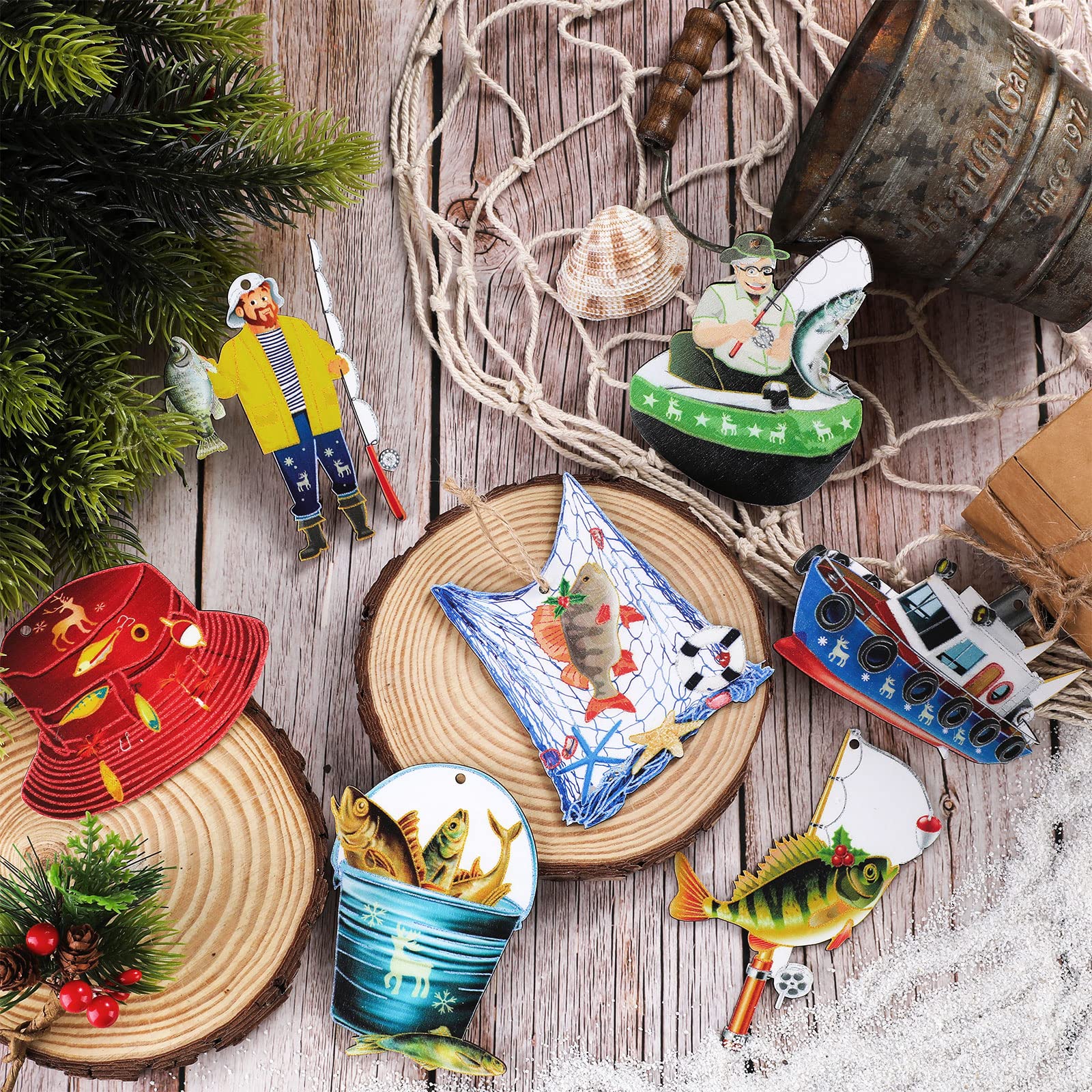 Amyhill 30 Pcs Fisherman Collection Ornaments Fishing Wooden Christmas Tree Ornament Fish Ornaments Fishing Lake Decor for Chris