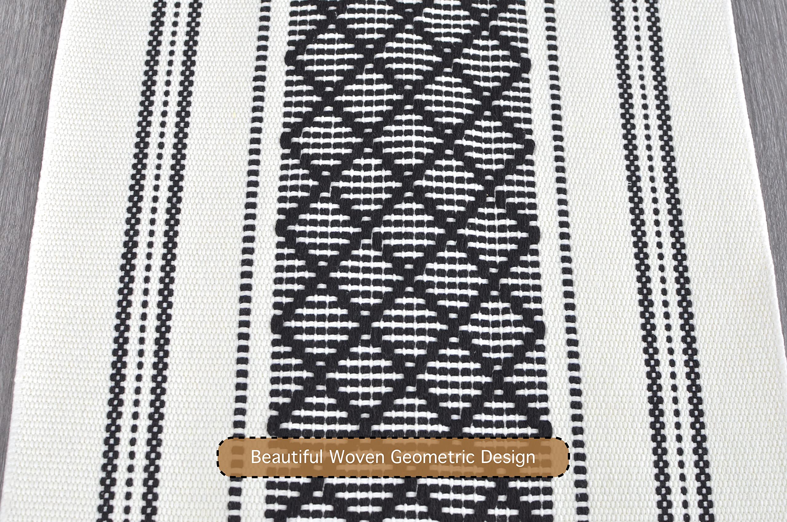 Oveesha Boho Table Runner With Tassel 14 X 72 Inches, Black & Cream | Woven Washable Dresser Scarf And Topper For Bedroom | Farm