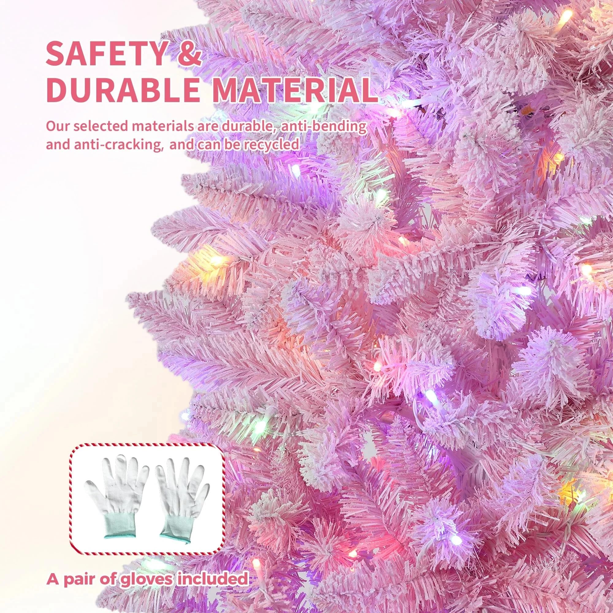 6ft Snow Flocked Pencil Christmas Tree with Pink Gradient, Slim Artificial Xmas Tree on Sturdy Metal Stand, Skinny Holiday Decor