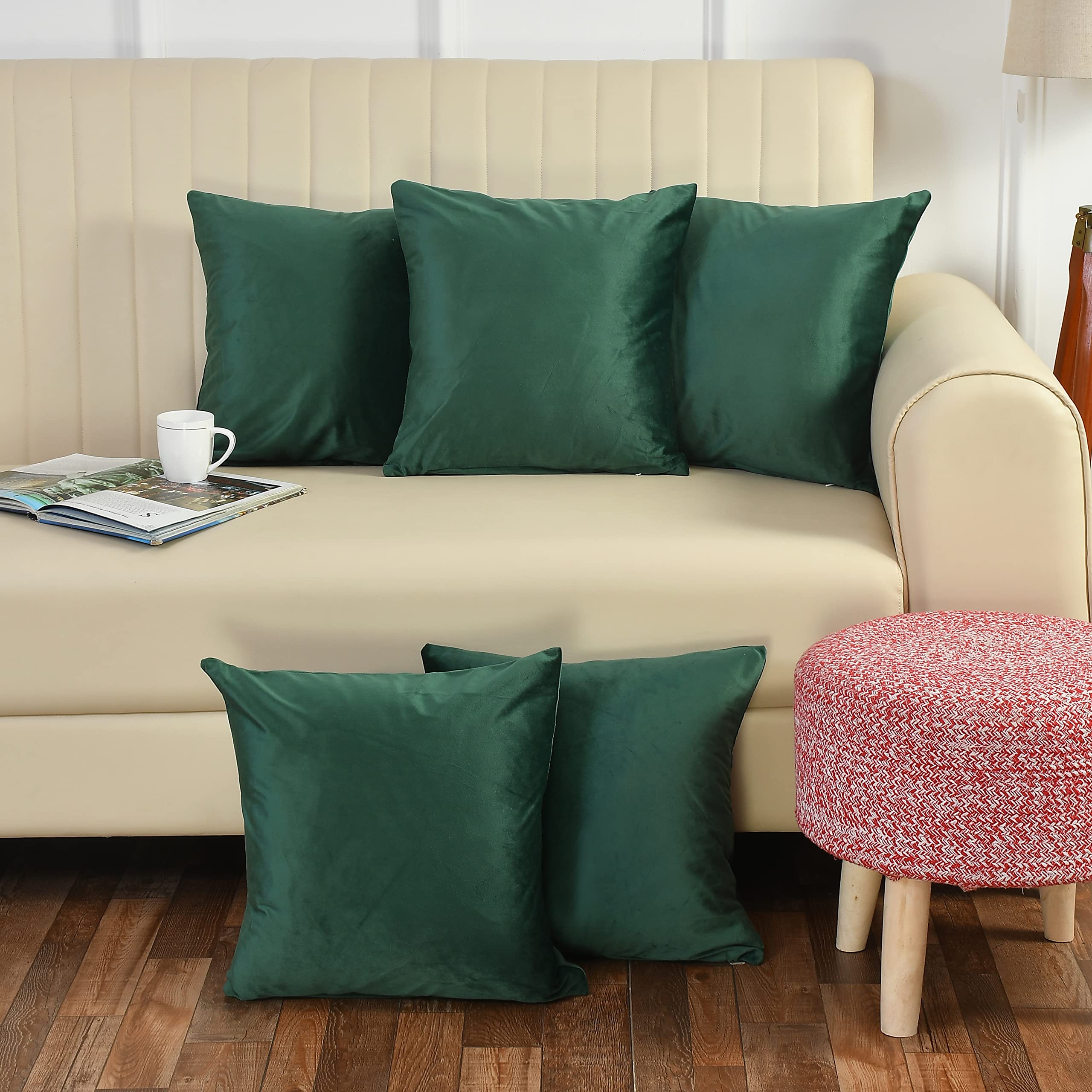 Stuffique Velvet Throw Pillow Cover 190 Tc Solid Plain Cushion Covers Set Of 5 For Sofa Couch Bed Chair 12 X 12 Inch, Green