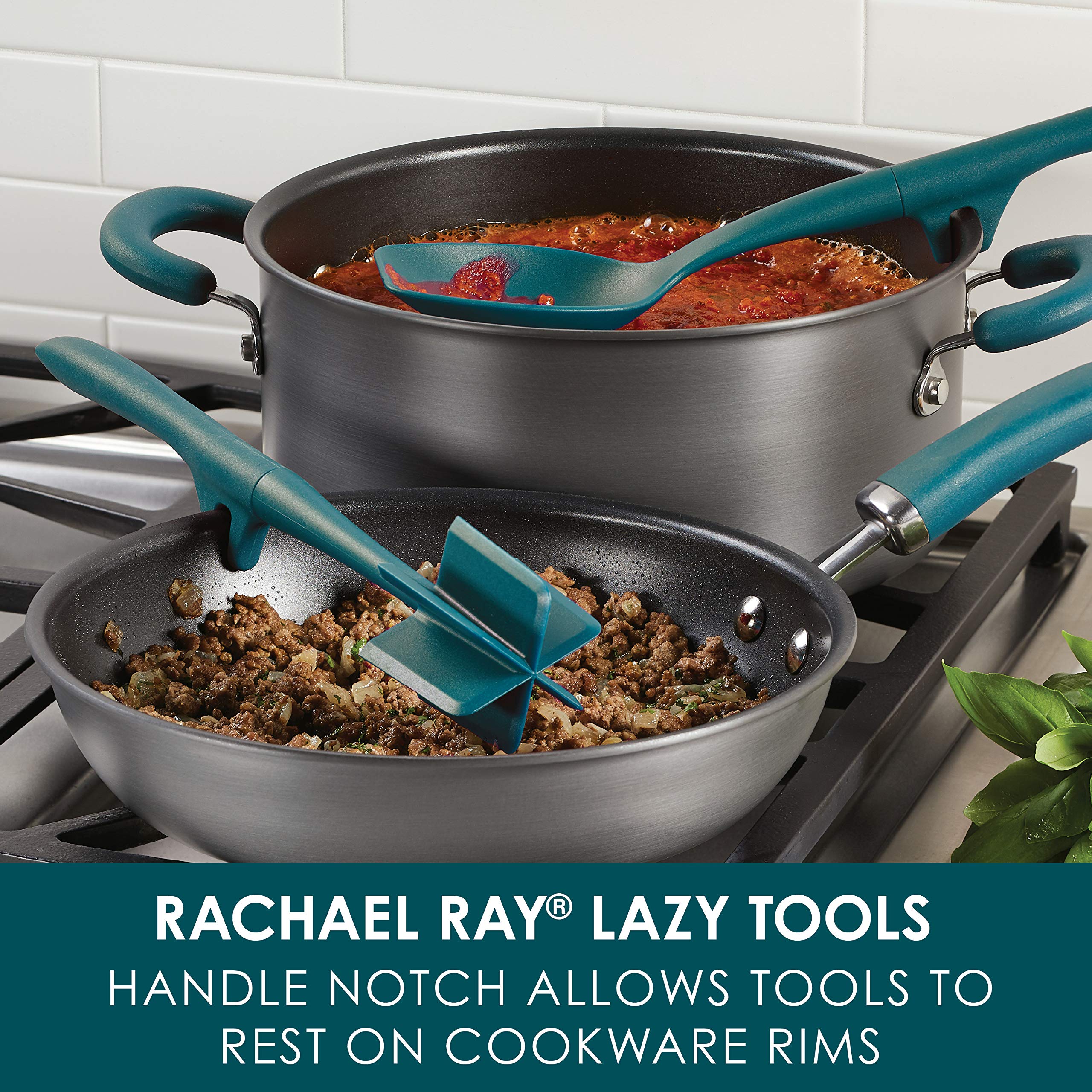Rachael Ray Tools And Gadgets Lazy Crush & Chop, Flexi Turner, And Scraping Spoon Set / Cooking Utensils - 3 Piece, Teal Blue