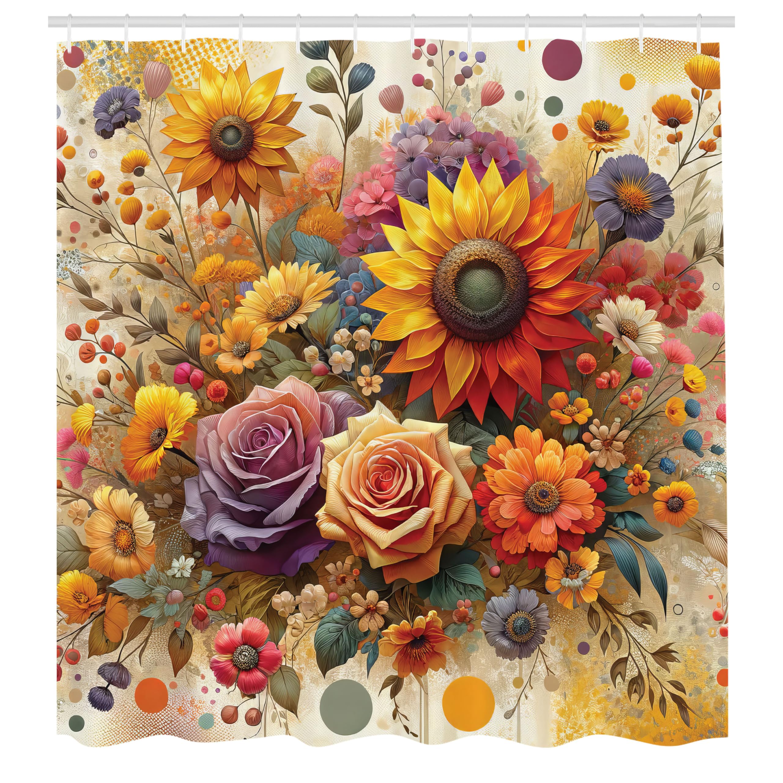 Ambesonne Colorful Shower Curtain, Spring Happiness Of Farmhouse Concept Art Sunflower And Rose Huddles, Cloth Fabric Bathroom D