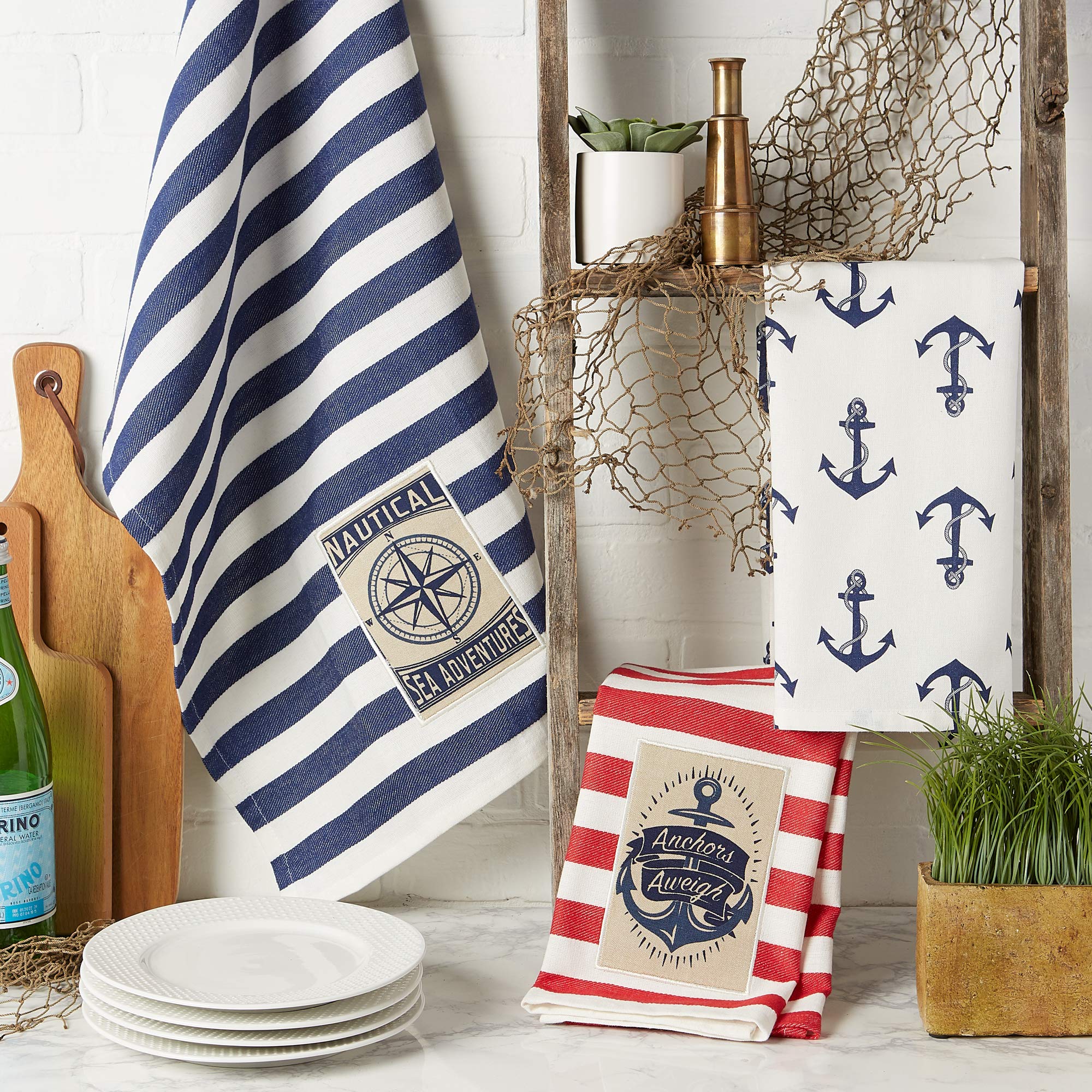 Dii Maritime Collection Kitchen Dishtowel Set, 18X28, Anchor Stripes, 3 Piece