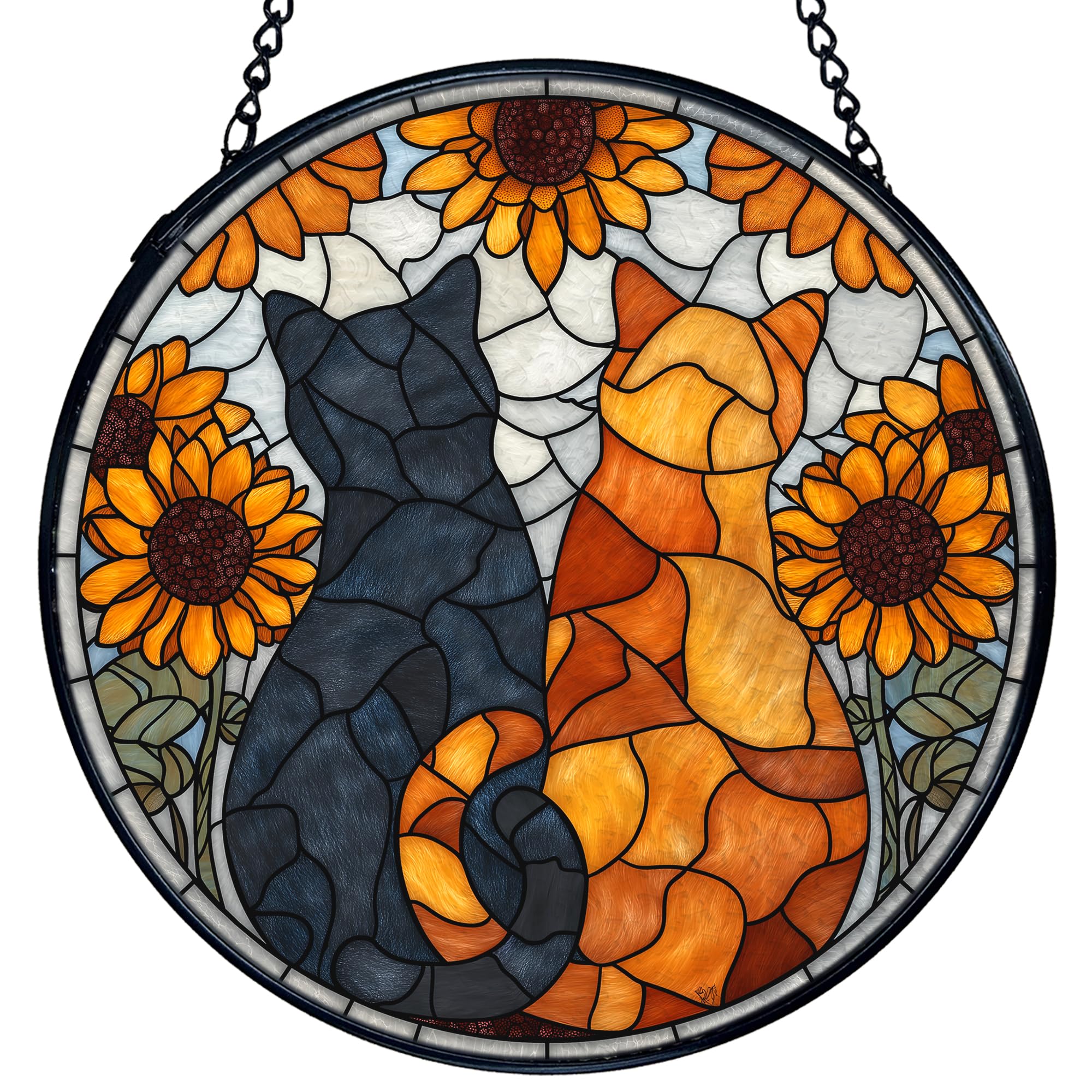 TNUW Cat Sunflower Stained Glass Window Hanging, Black Orange Cat Sunflower Suncatchers Indoor Window Glass Round Wall Art Decor