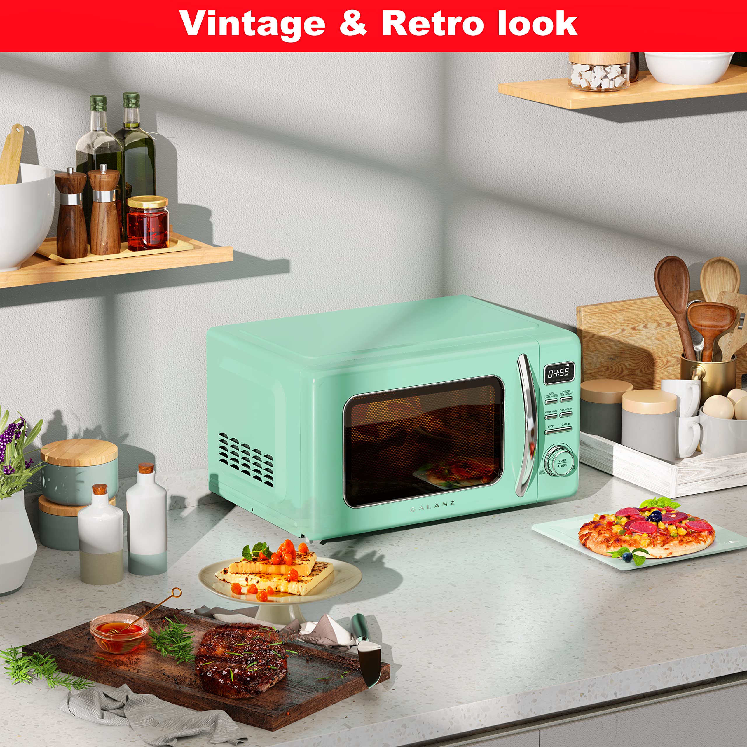 Galanz Retro Countertop Microwave Oven, 0.7 cu ft, Stainless Steel, Green, Model GLCMKZ07GNR07, Auto Cook, Easy Clean, Pull Handle