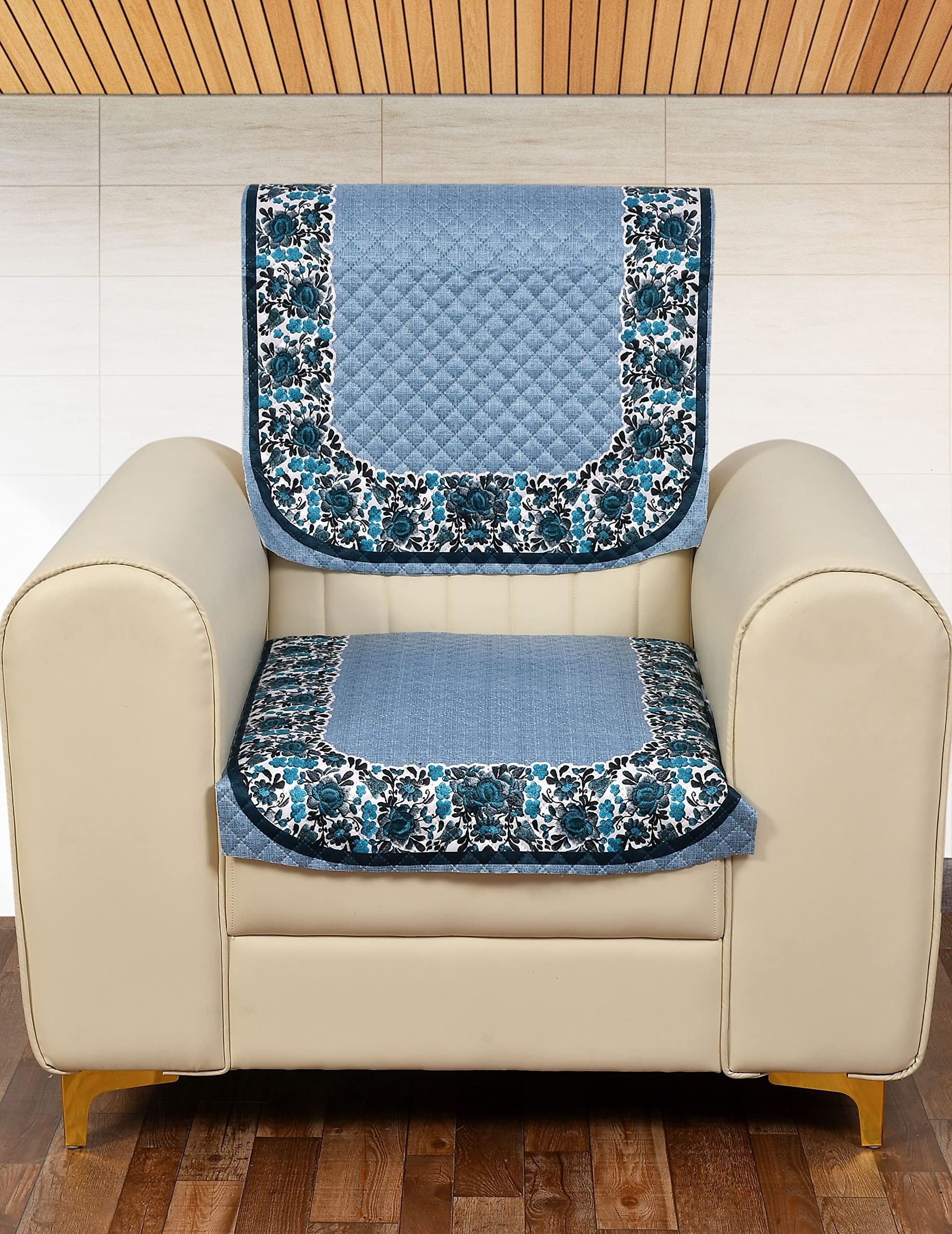 Yellow Weaves Velvet 1 Seater Quilted Sofa Chair Cover, Floral Design, Seat & Back Cover, Color - Sky Blue