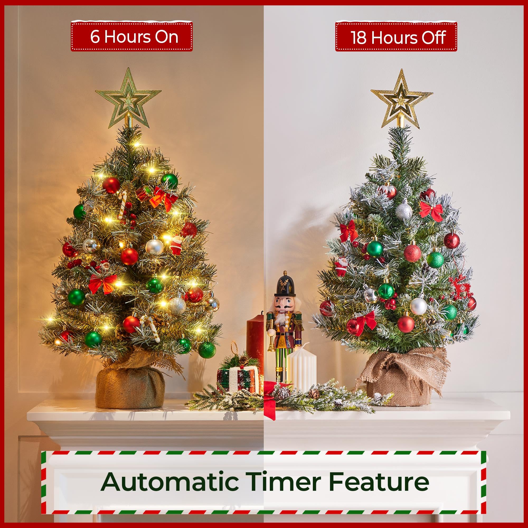 Yaheetech 4Pcs Pre-Lit Artificial Mini Christmas Tree, 2ft Frosted Tabletop Small Christmas Tree with LED Lights, Red Berries &
