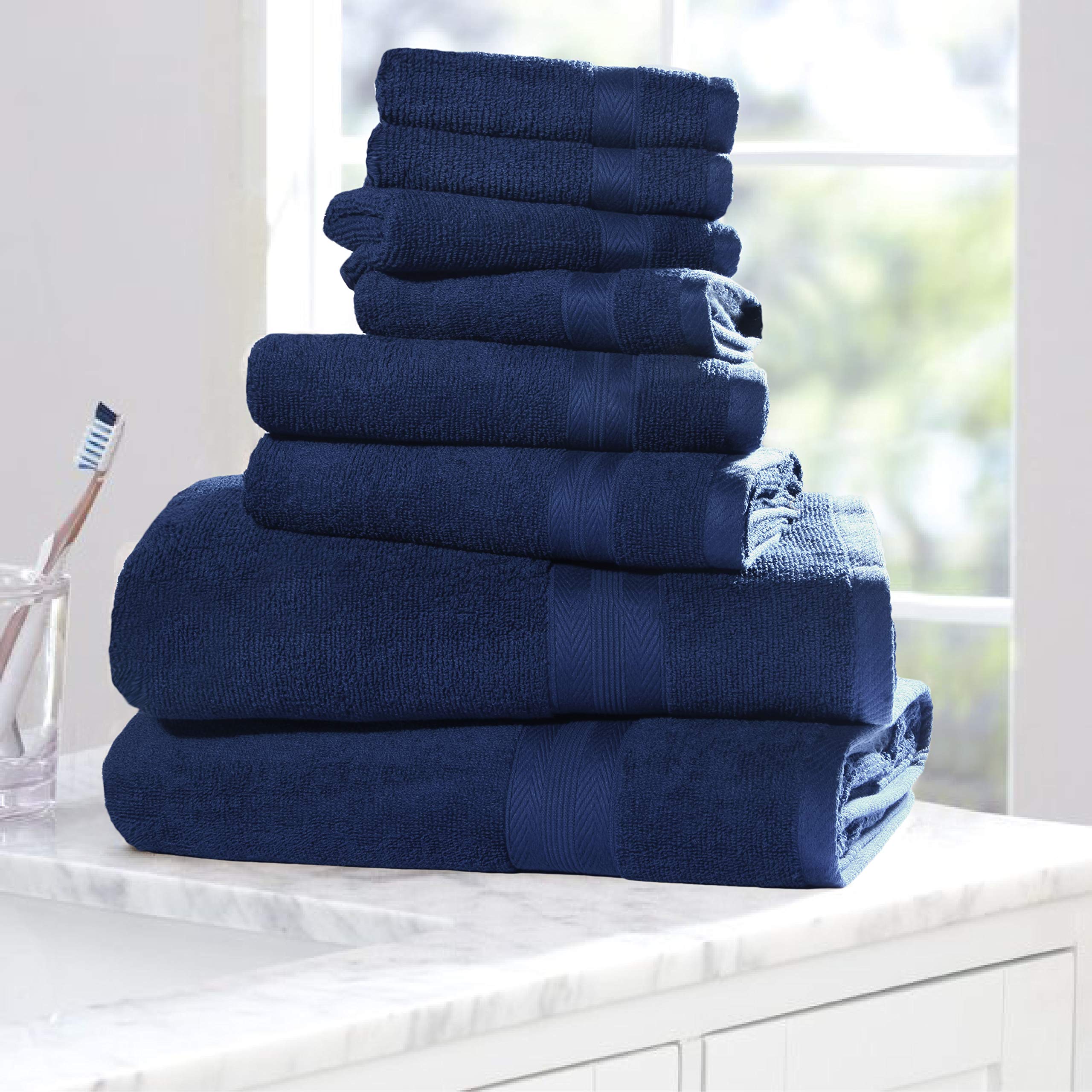 BOUTIQUO Navy Blue Towel Set - 8 Piece Bathroom Towel Set - 100% Ring Spun Cotton  2 Bath Towel 27x54  2 Hand Towel 16x28 and 4 Washcloth 13x13 - Ultra Soft Highly Absorbent Towel Set - Navy Blue