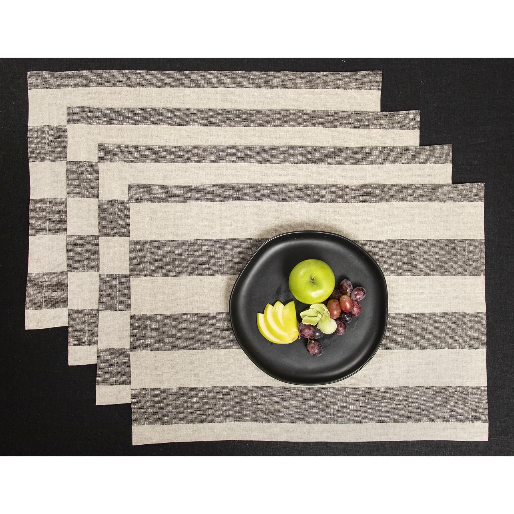Solino Home Cabana Stripe Linen Placemats Set Of 4 - 100% Pure Linen Black And Natural Placemats 19 '' L X 14 '' W Inch - Machin