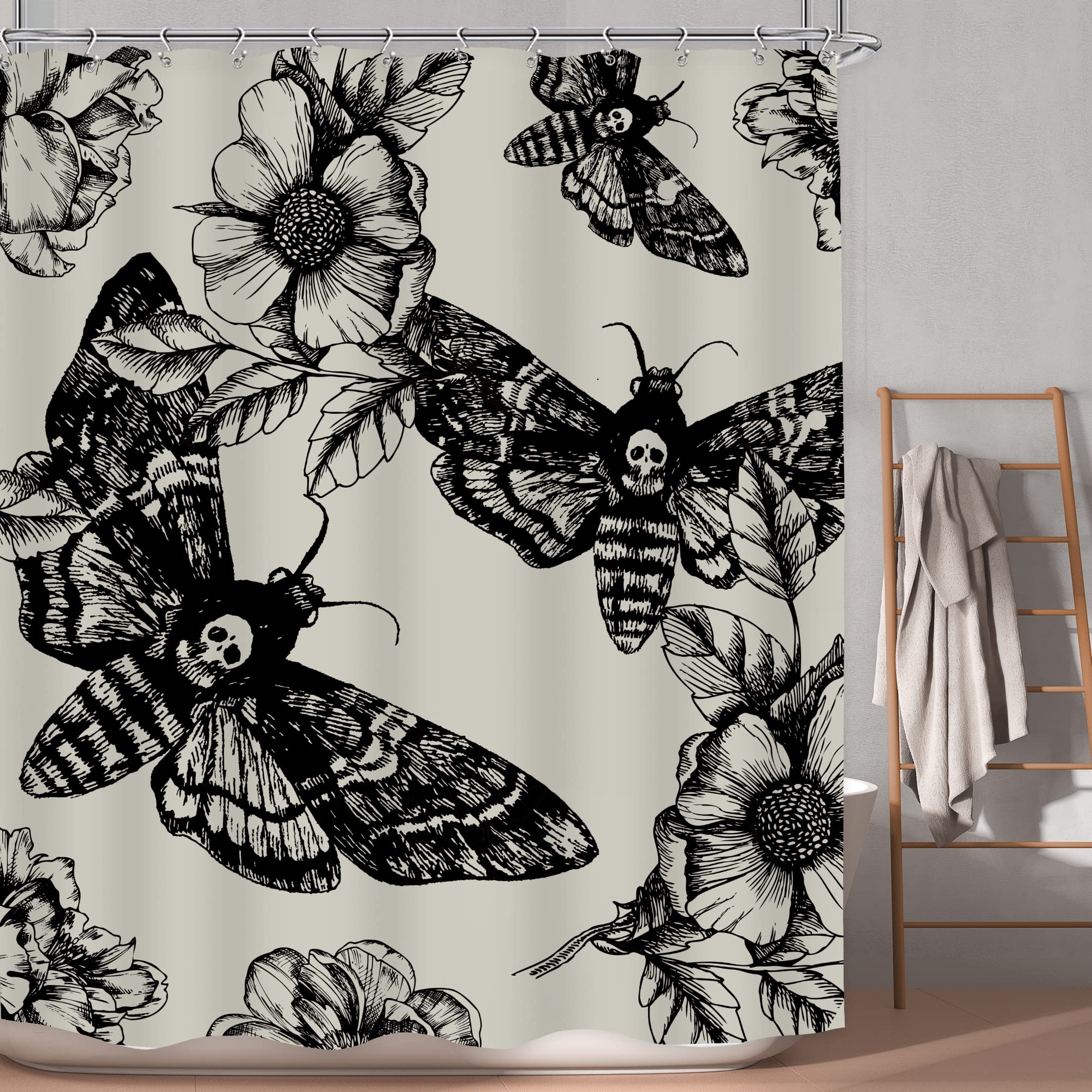 Lghtyro Gothic Skull Shower Curtain Bathroom Set 60Wx71H Inches Death Head Moth Scary Black Flower Botany Leaves Mysterious Butt