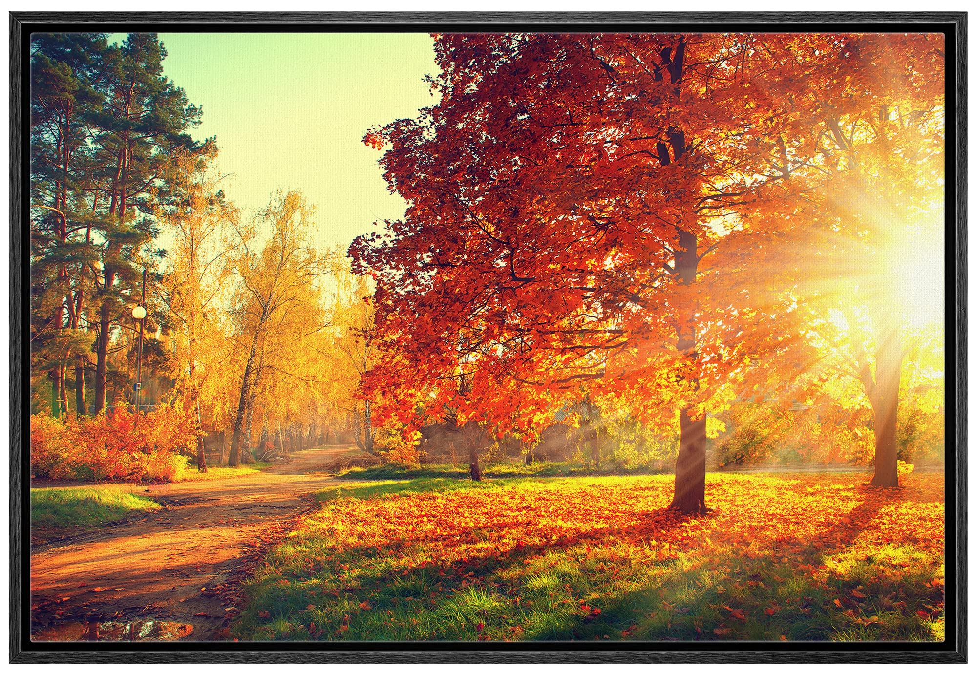 Wall26 Framed Canvas Print Wall Art Path Through Red & Orange Autumn Park Nature Wilderness Photography Modern Art Rustic Scenic
