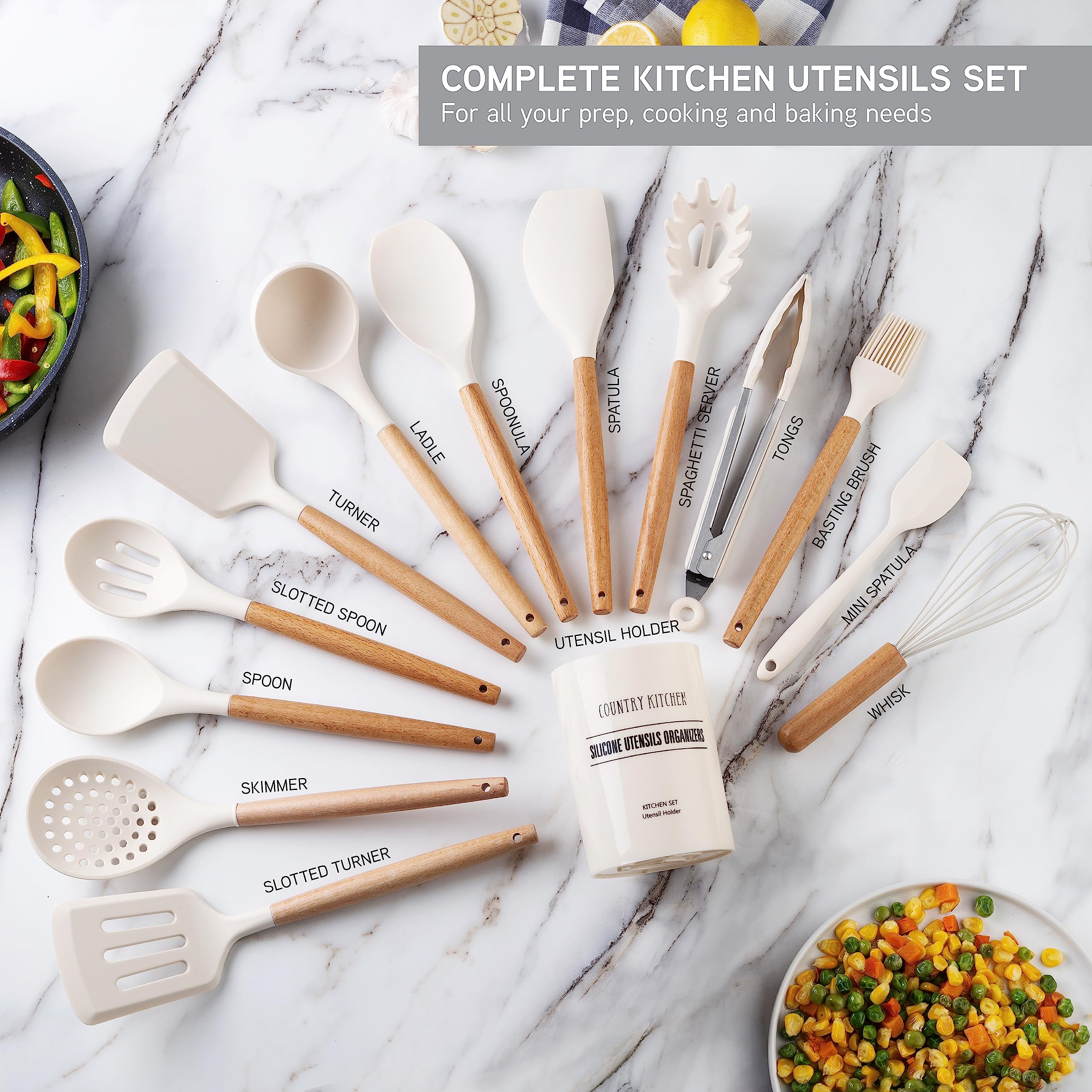 Country Kitchen Silicone Cooking Utensils, 14 Pc Kitchen Utensil Set, Easy To Clean Wooden Kitchen Utensils, Cooking Utensils Fo