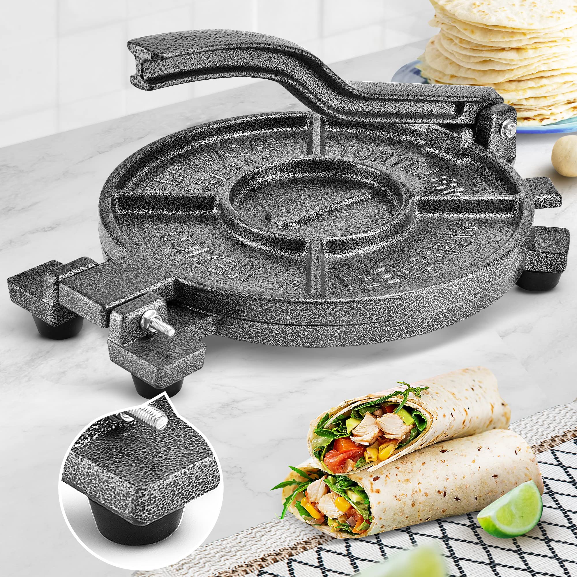 ARC Tortilla Press 10.4 Include 100 Pcs Parchment Paper, Cast Iron Tortilla Maker, Black Gray