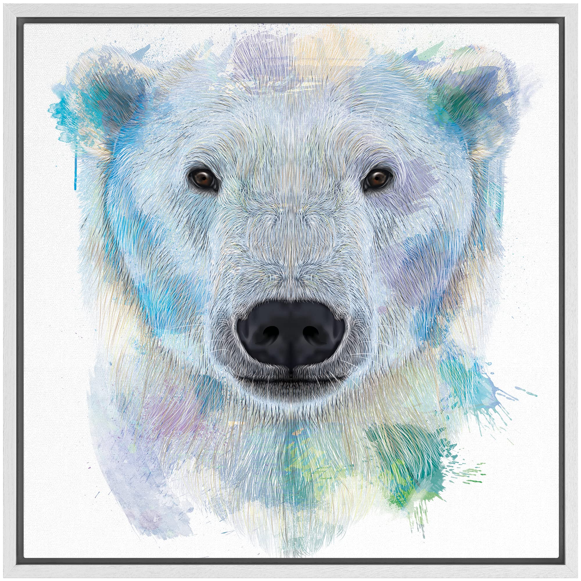 Wall26 - Fun And Colorful Splattered Watercolor Polar Bear - Framed Canvas Art Home Art - 24''X24'' White