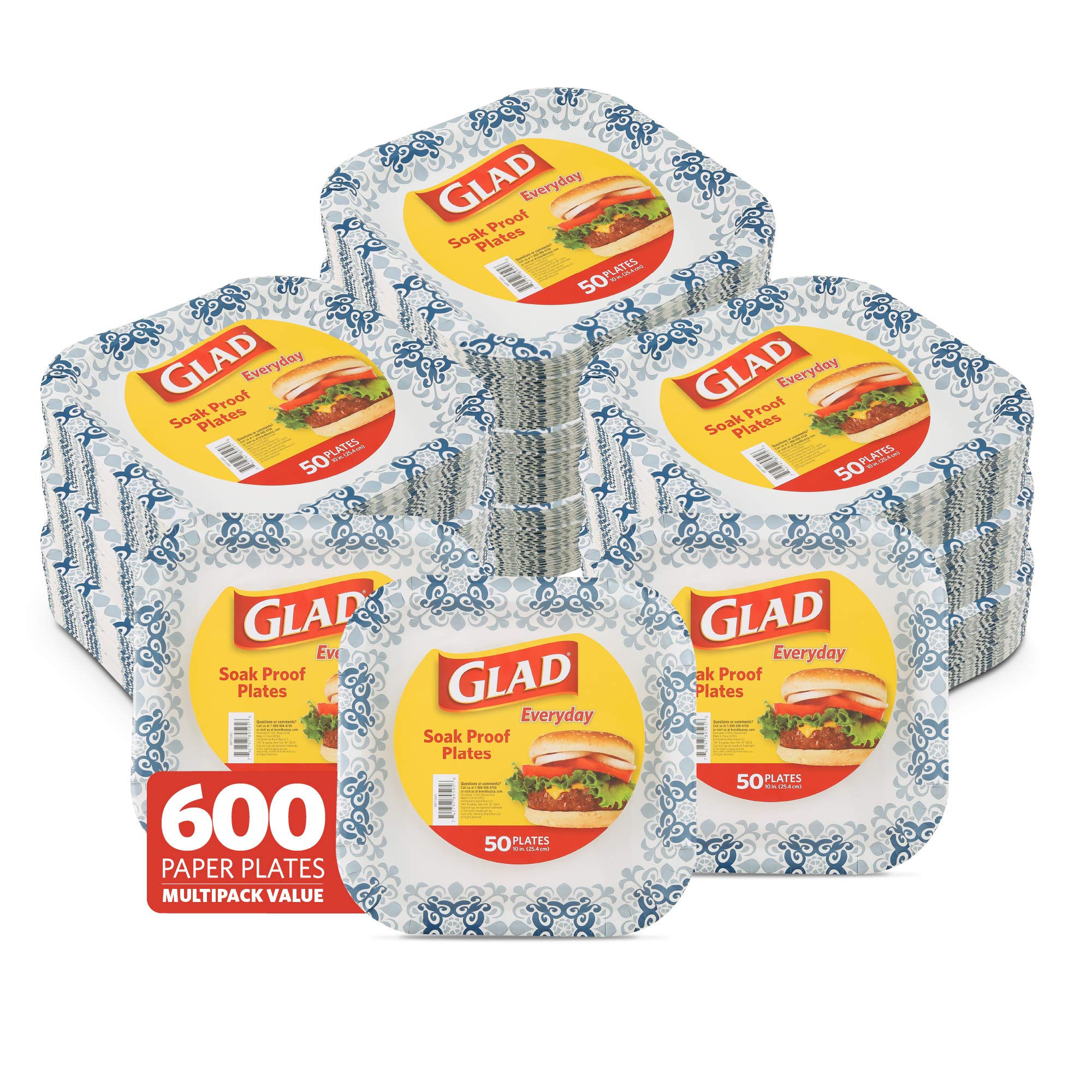 Glad 10 Square Paper Plates | Soak Proof Disposable Paper Plates | 50 Ct White Paper Plates With Blue Victorian Design, Strong