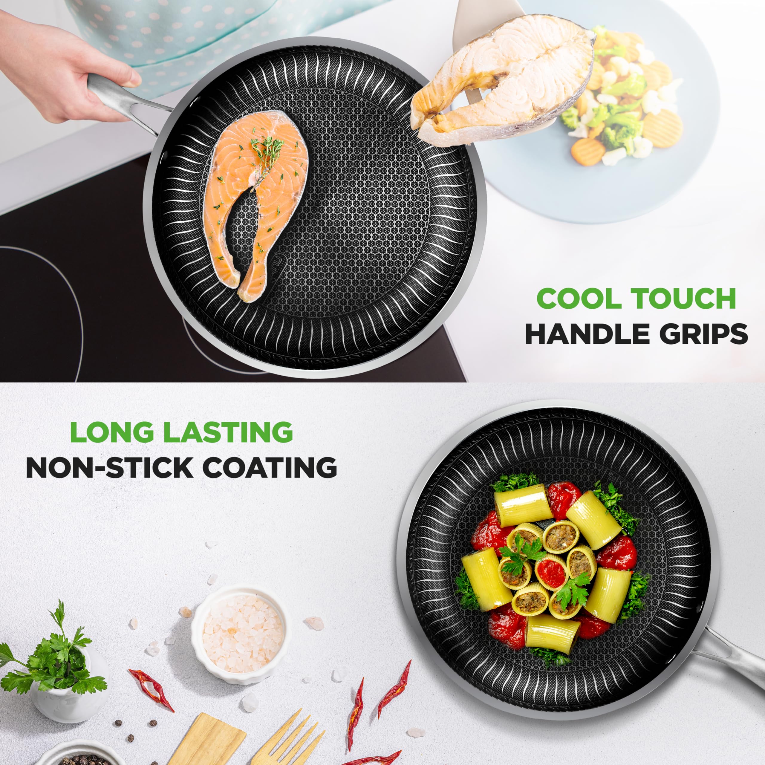 NutriChef 6-Piece Stainless Steel Frying Pan Set – 8", 10", 12" Non-Stick, Induction Compatible, Oven Safe, Assorted Color