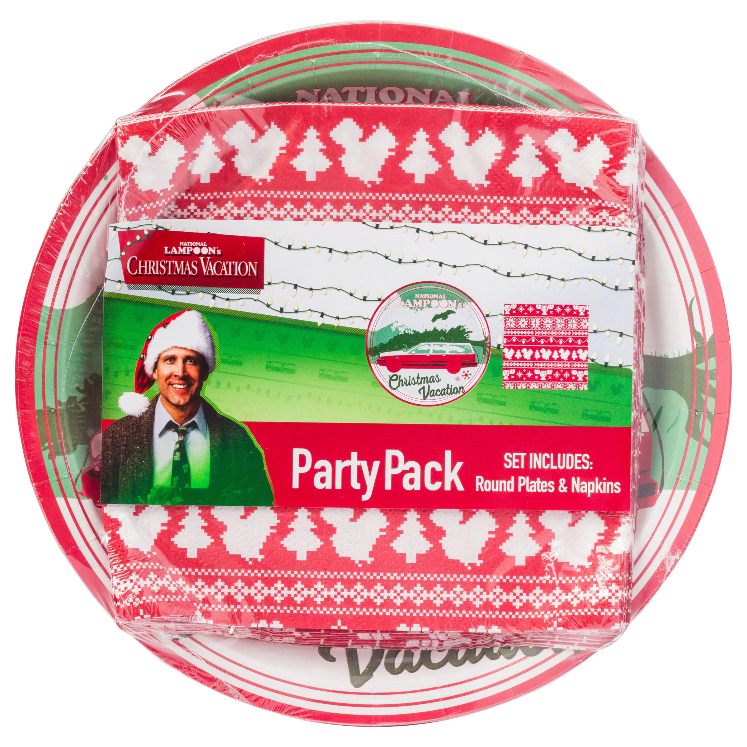 Silver Buffalo Christmas Vacation Wagon Tree Scene Sweater Pattern 32Ct Paper Napkin And Plate Party Pack