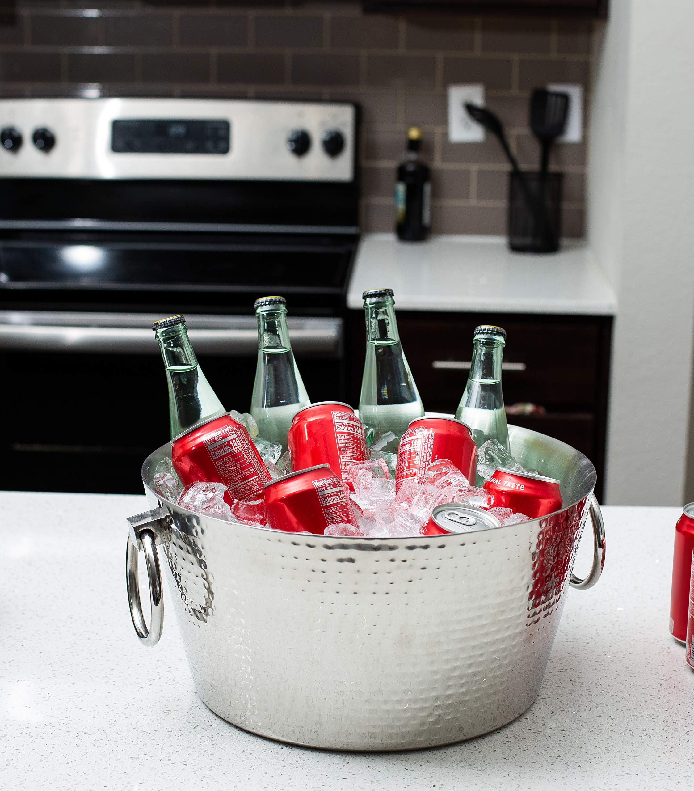 Birdrock Home Hammered Double Wall Round Beverage Tub - 3 Gallons Stainless Steel - Ice Bucket - Metal Drink Cooler - House Part