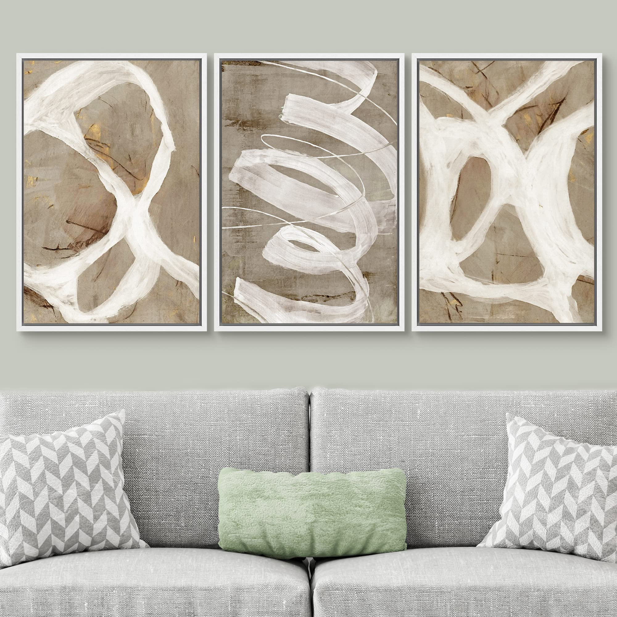 SIGNWIN Framed Canvas Print Wall Art Set White Brown Pastel Paint Strokes Shapes Abstract Illustrations Modern Art Decorative Nordic Chic Calm/Zen for Living Room  Bedroom  Office - 16''x24''x3 White