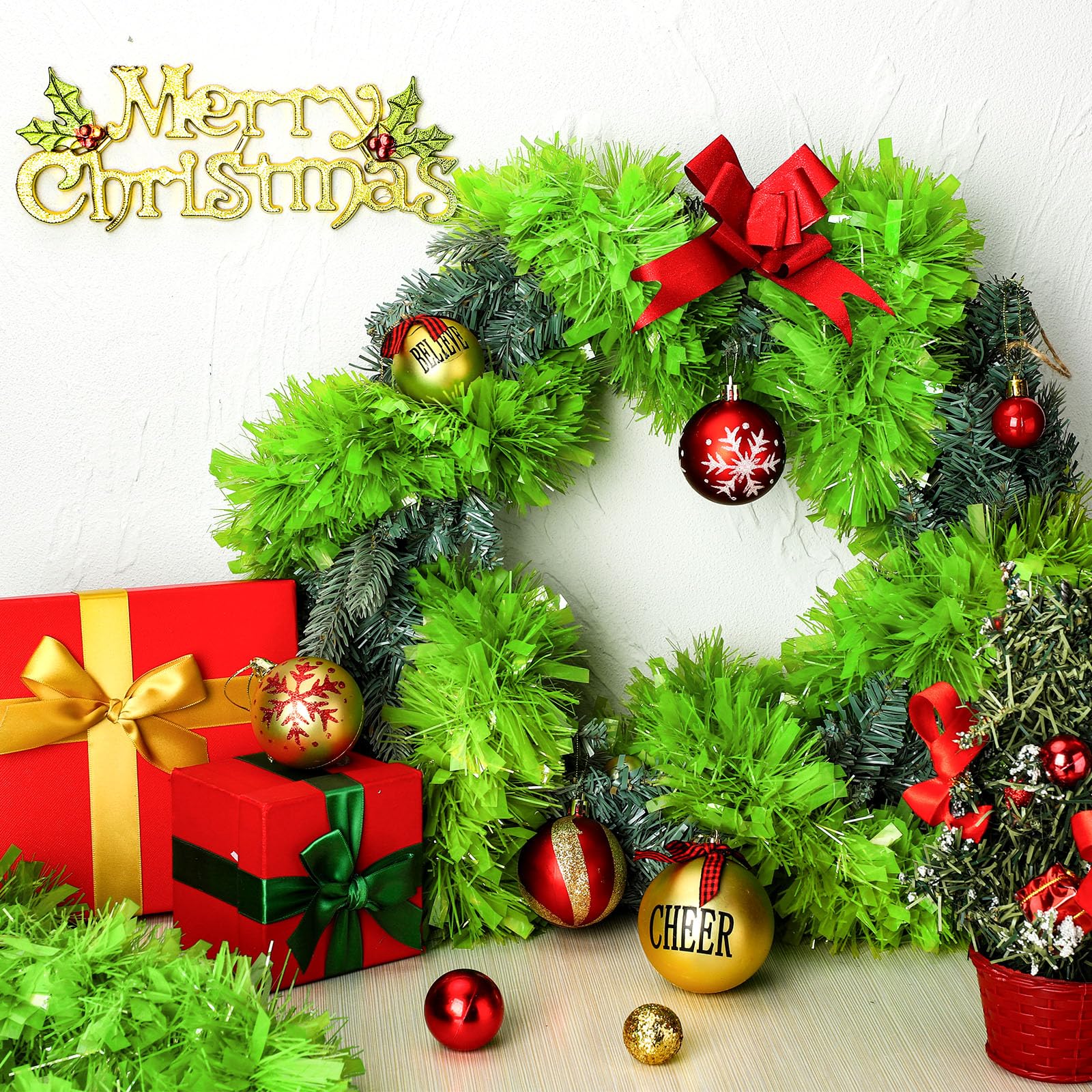 Riceshoot 131.23 ft Christmas Tinsel Garland Lime Green Metallic Garland Decoration Hanging Twist Glittering Christmas Garlands