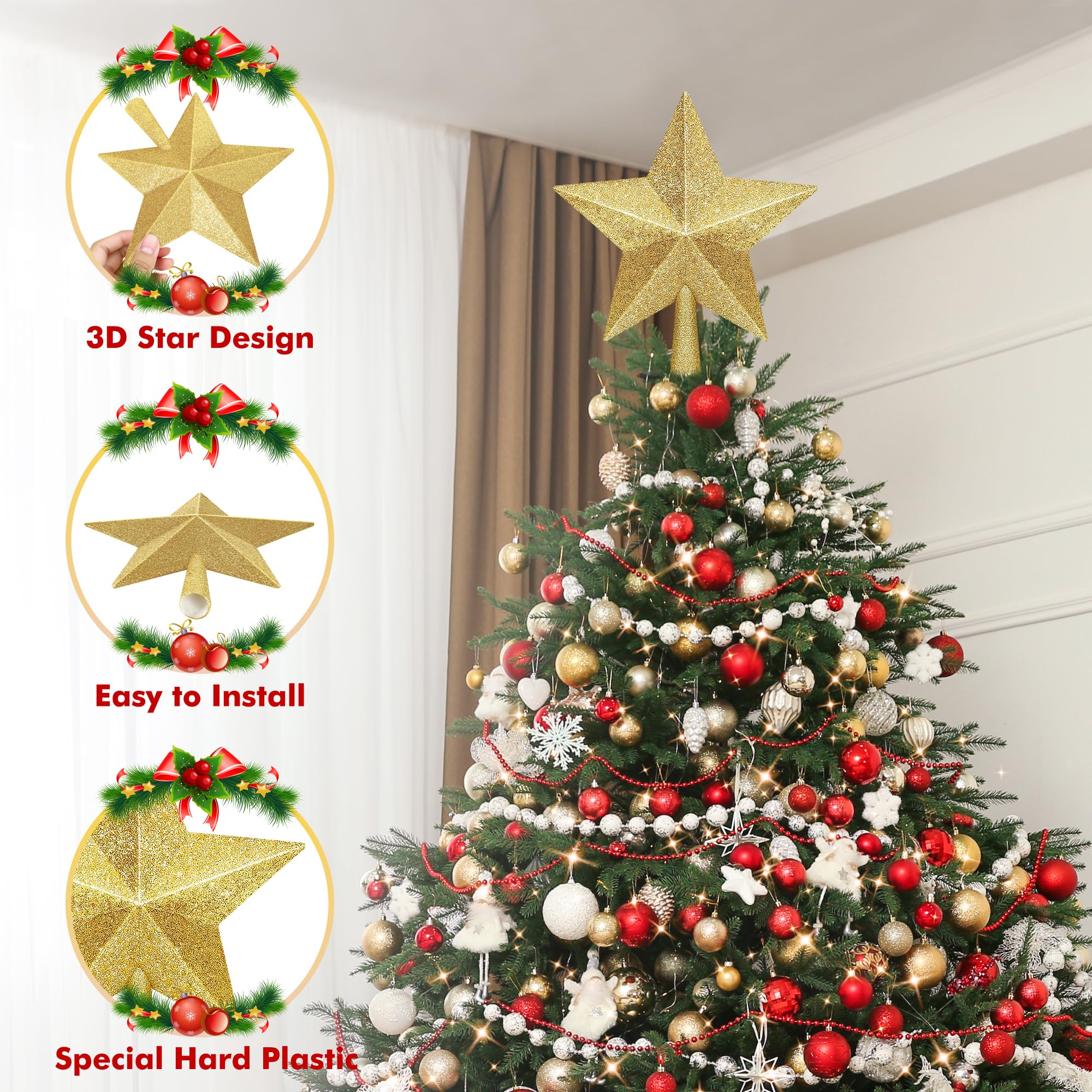 Christmas Tree Topper, 1PCS 10 Gold Glitter Star Tree Topper, Large Xmas Shatterproof Mini Bethlehem Star Tree Topper Decoration