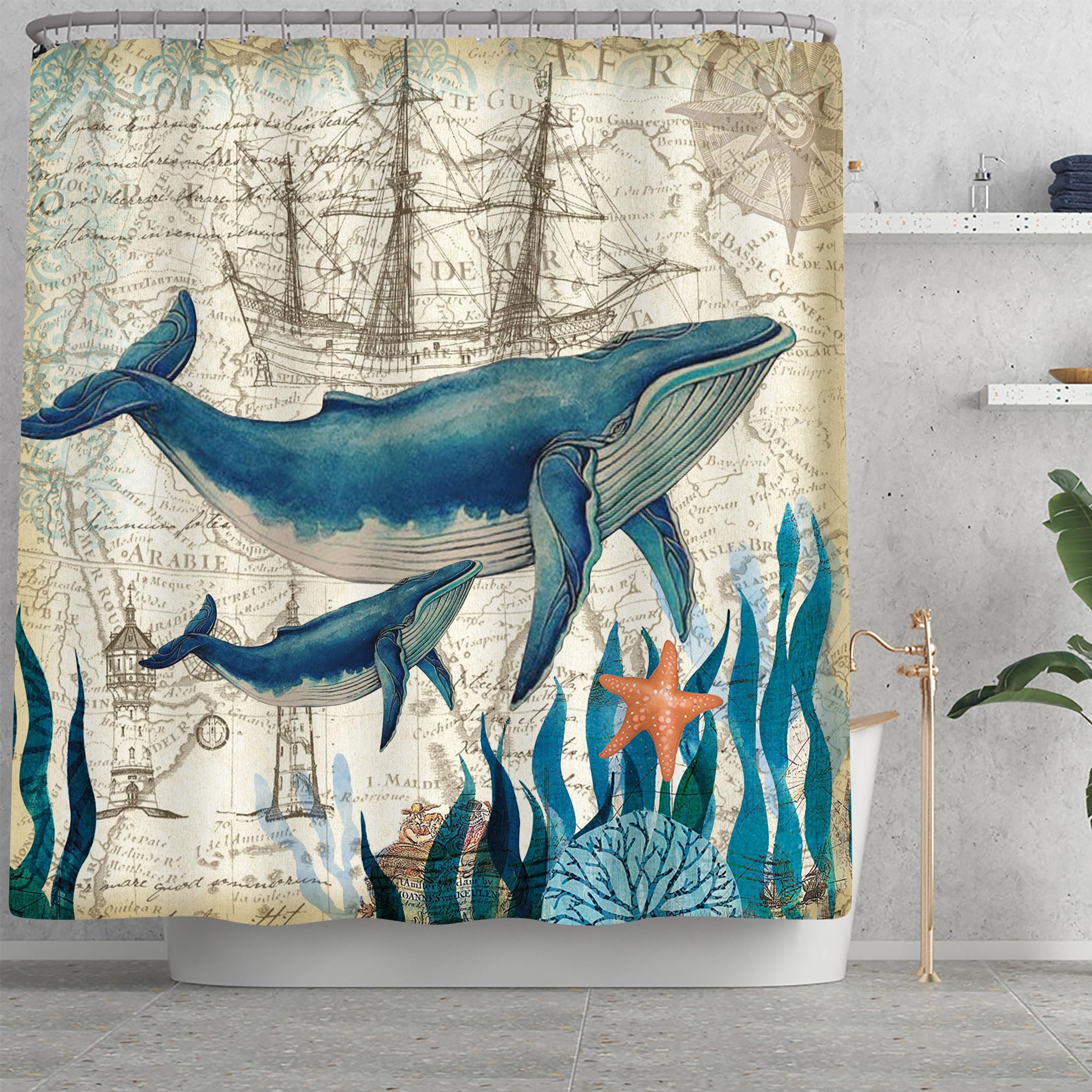Planially 4Pcs Whale Waterproof Shower Curtain Sets,Ocean Bathroom Sets With Shower Curtain, Toilet Lid Rug, Contour Mat And Bat