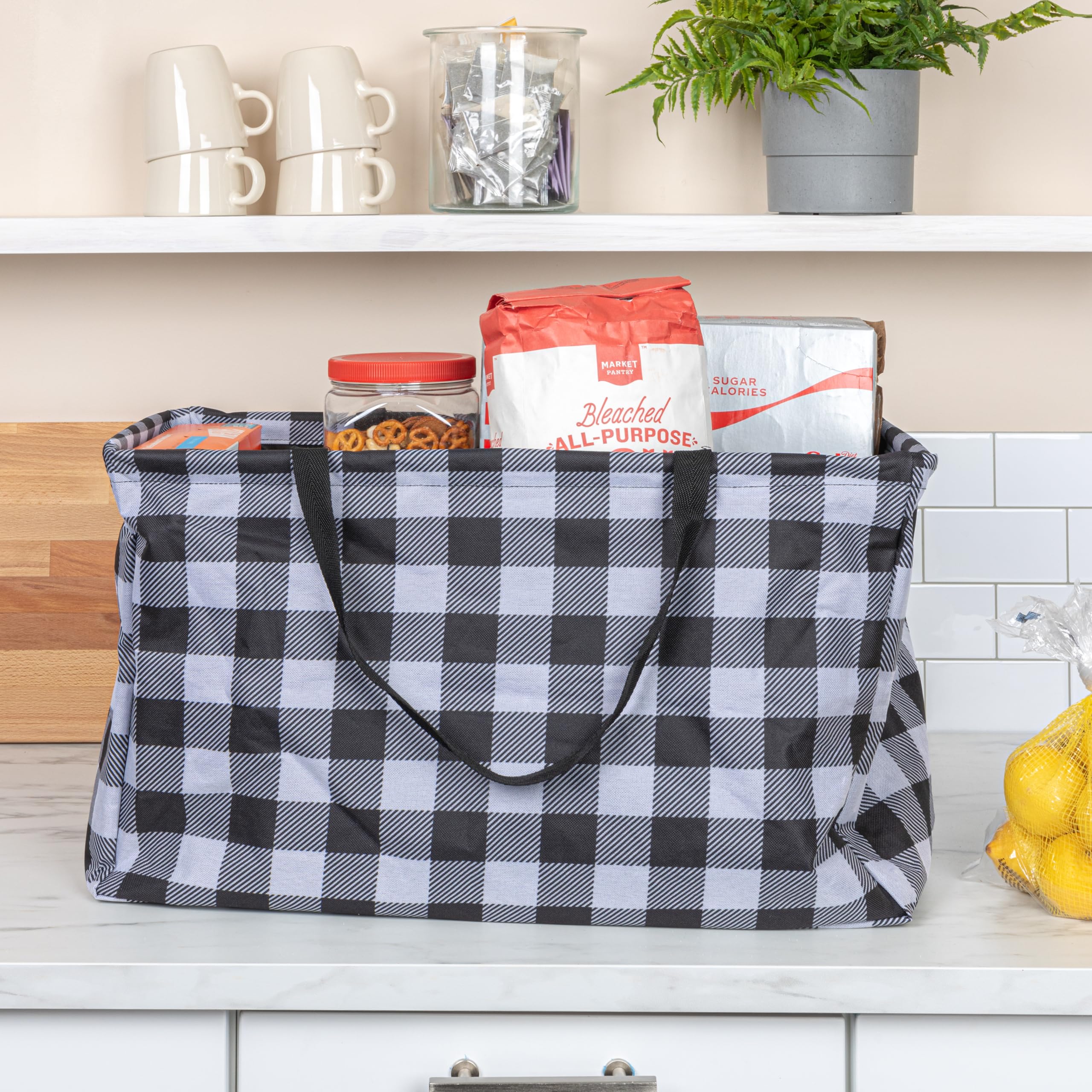 Household Essentials Krush Canvas Utility Tote | Reusable Grocery Bag | Black And White Plaid