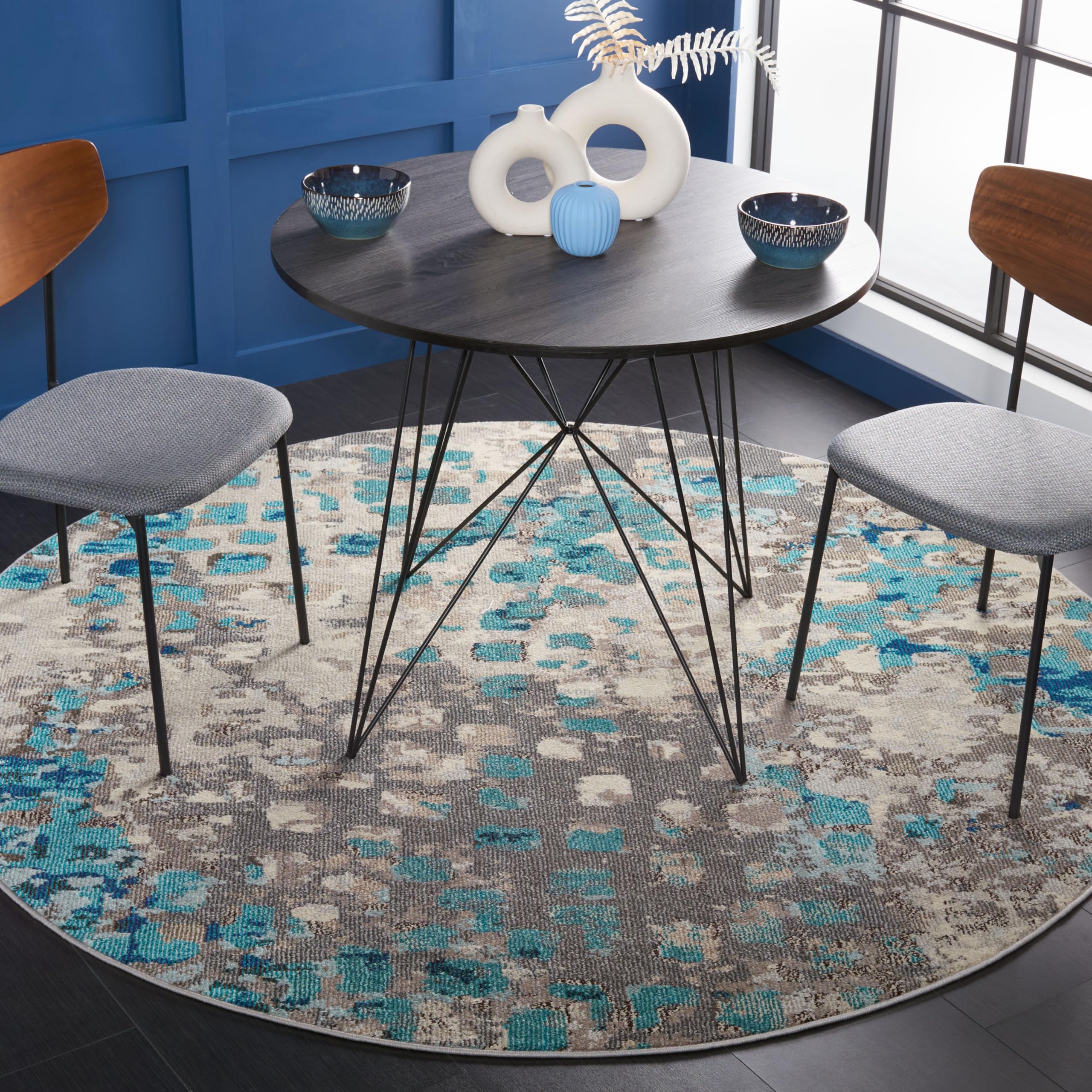 SAFAVIEH Monaco Collection 9 Round GreyLight Blue MNC225E Boho Chic Abstract Watercolor Non-Shedding Dining Room Entryway Foyer
