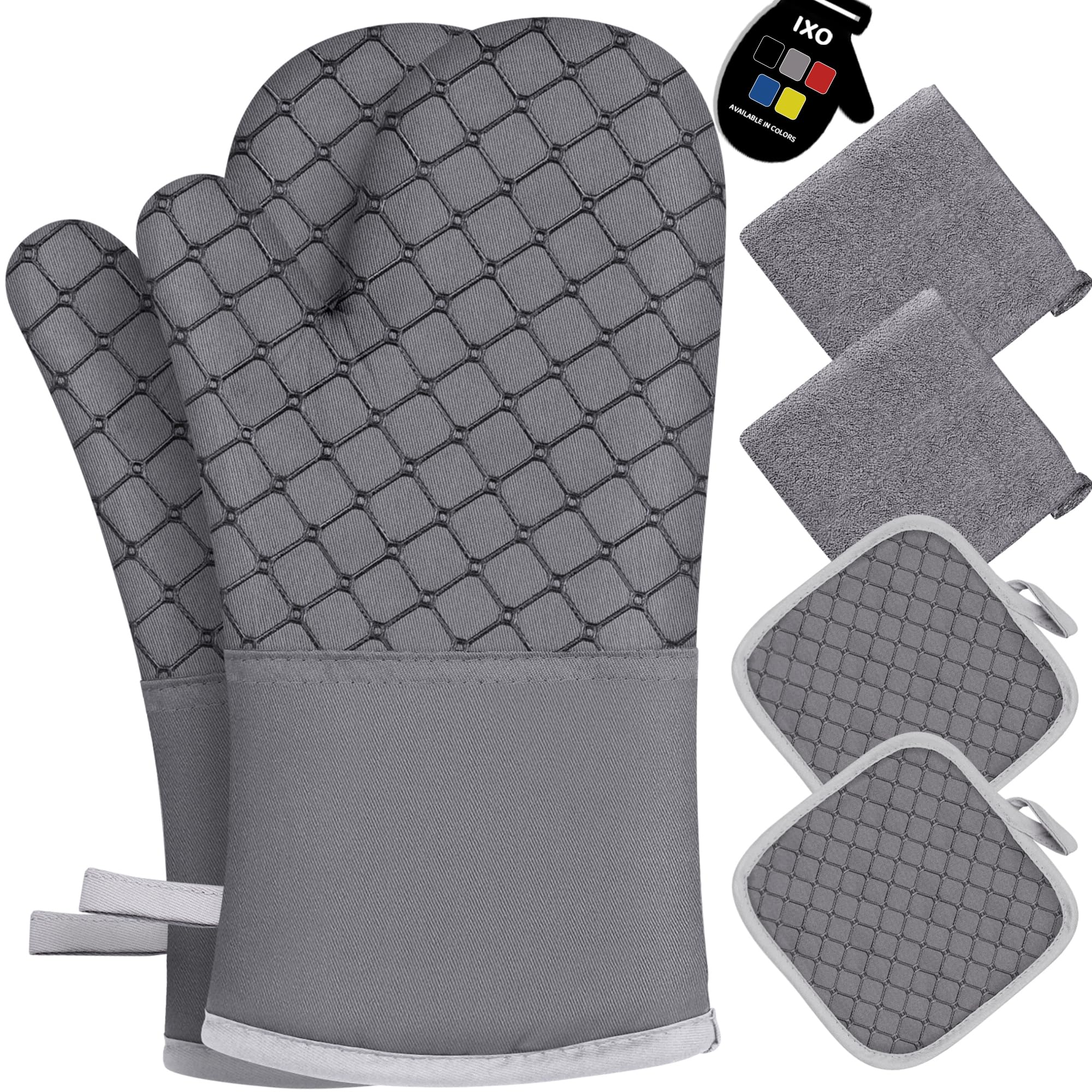 Ixo 6Pcs Oven Mitts And Pot Holders, 500? Heat Resistant Oven Mitts With Kitchen Towels Soft Cotton Lining And Non-Slip Silicone