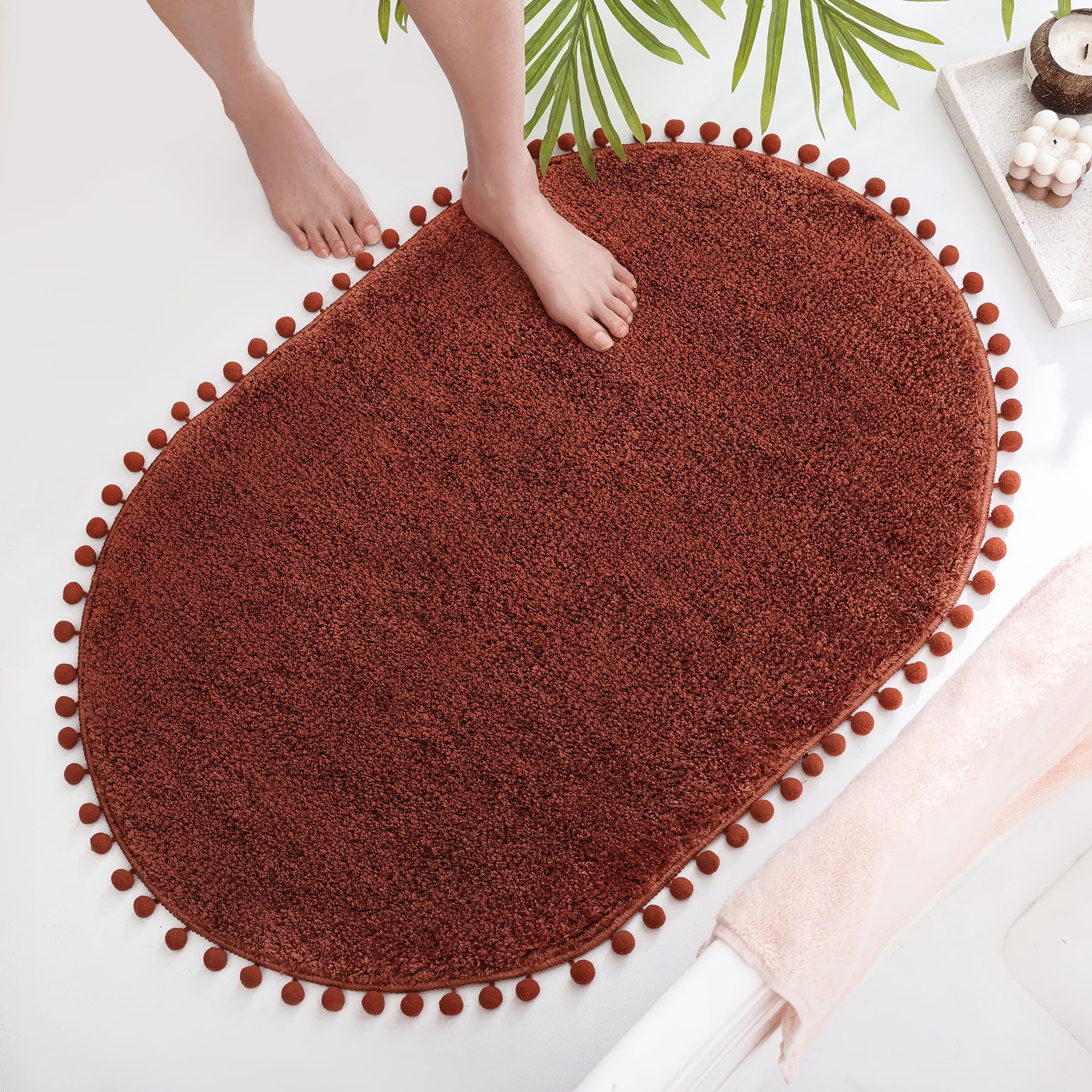 Yirddeo Bath Mat Terracotta Oval Rug With Pom Bathroom Rugs For Bedroom Non Slip Cute Boho Absorbent Mats Soft Plush Washable Ru