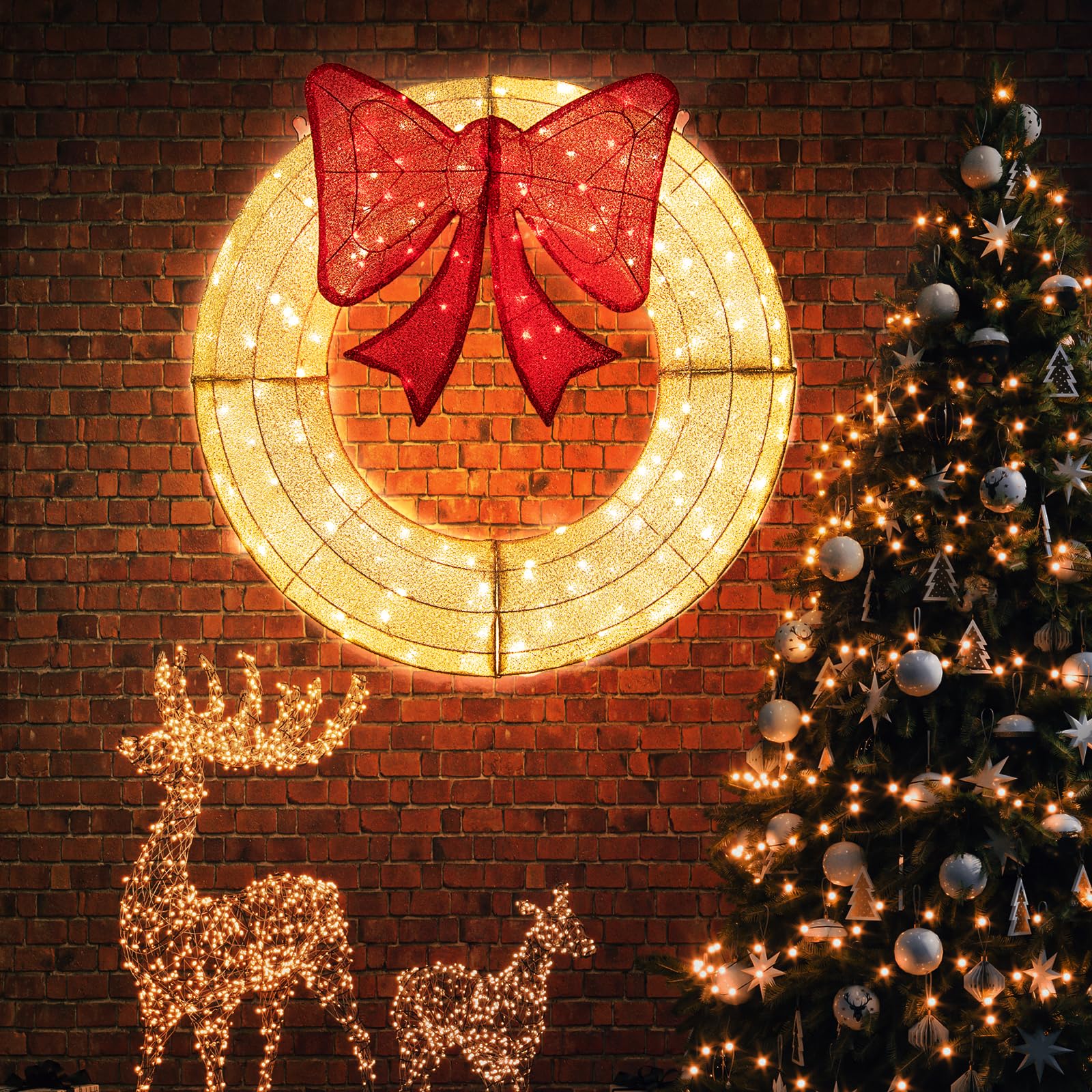 Tangkula 48 Inch Lighted Christmas Mesh Wreath, Pre-Lit Festive Wreath w/Large Bow & 200 LED Bulbs, Hooks & Zip Ties Included, W