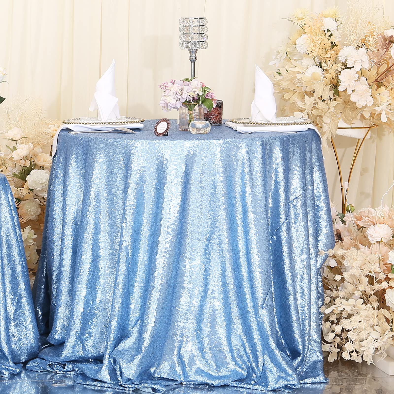 Eternal Beauty Baby Blue 72'' Round Sequin Tablecloth- Sparkly Sequin Overlay For Wedding Party/Dessert Table/Christmas Decorati