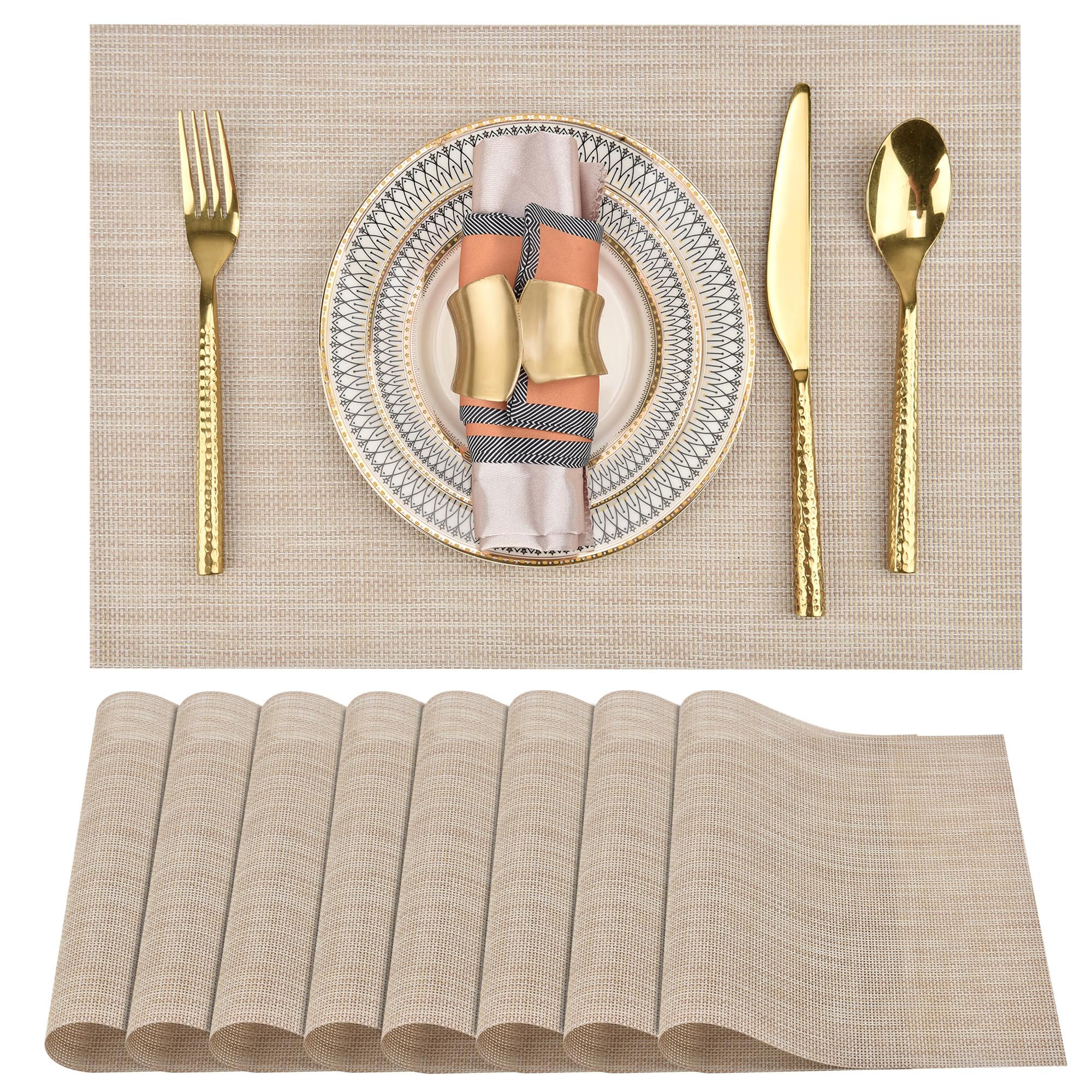 SLKQG Beige Placemats Set of 8 - Easy Clean Washable Vinyl Placemats - Wipeable Heat Resistant Table Mats for Dining Table - 17.