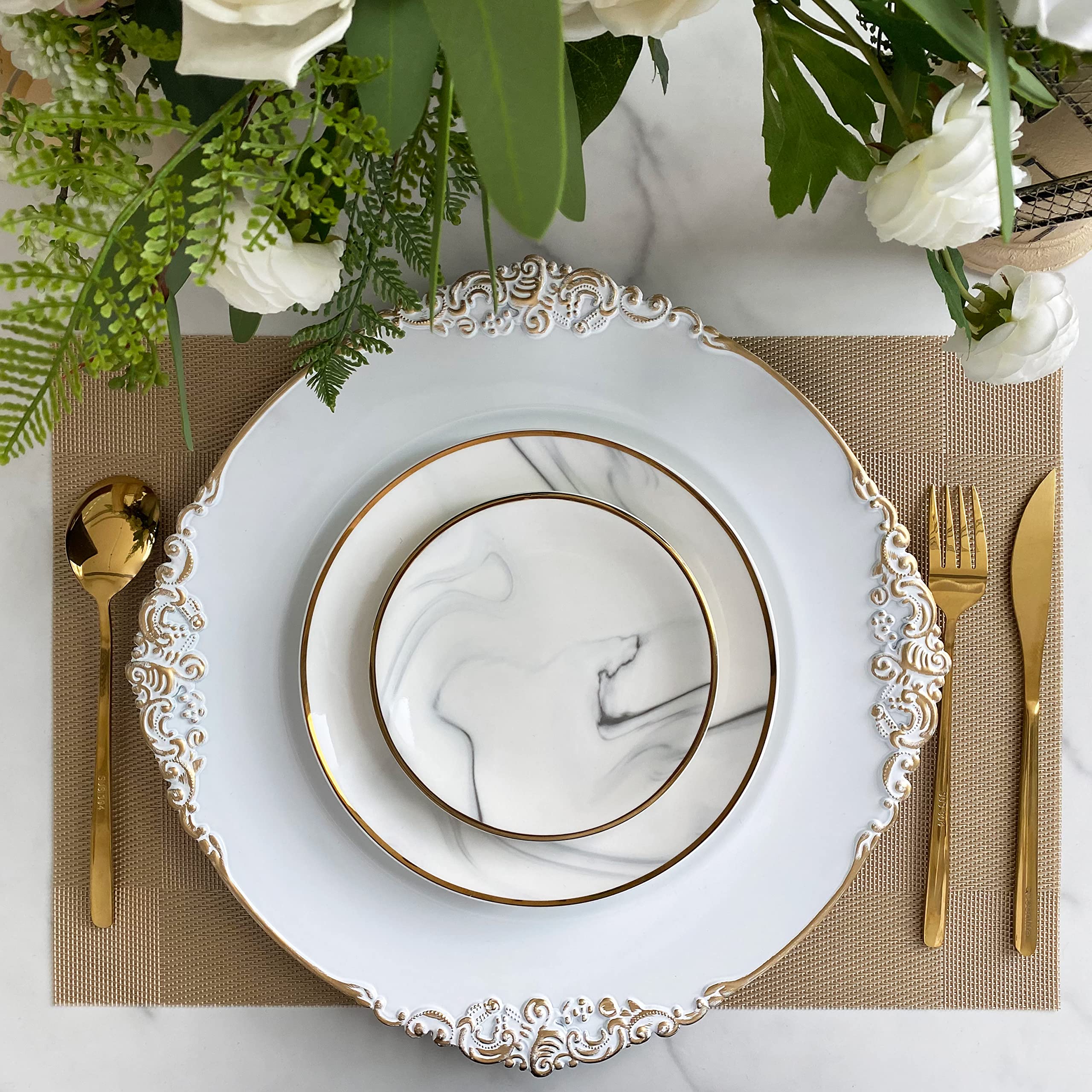 Henilosson White Charger Plates Gold Trim - Antique Plate Chargers For Dinner Plates - Set Of 24 Dinner Chargers(24