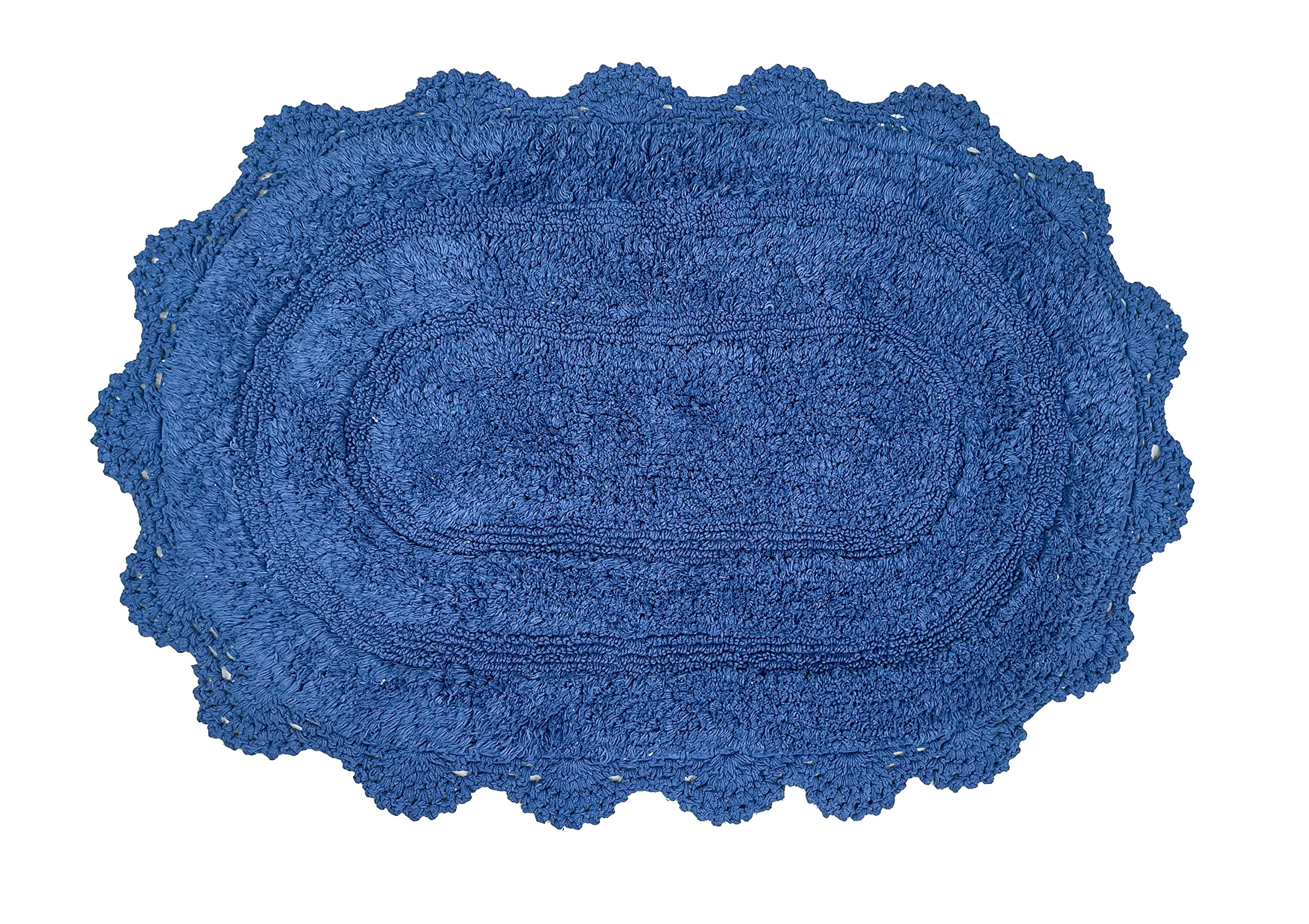 Chardin Home Blue Crochet Bathrug, 100% Cotton Oval Bathmat With Artisanally Handcrafted Crochet Border, 21X34 Inch, Medium Rug,
