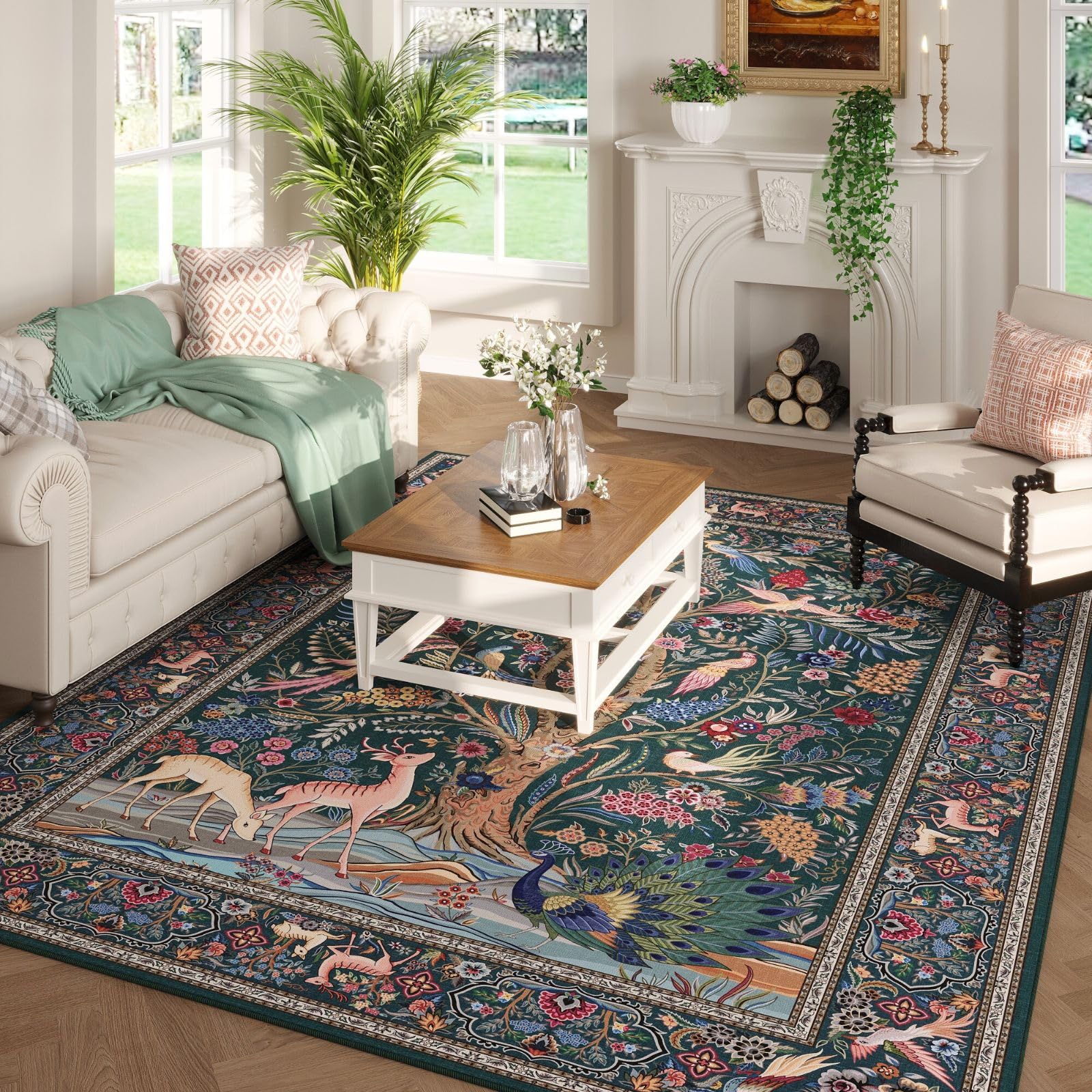 Rugcomf Area Rugs 5x7 Vibrant Tree of Life-Patterned Vintage Washable Area Rug Non Slip Low Pile Large Rugs for Living Room Bedr
